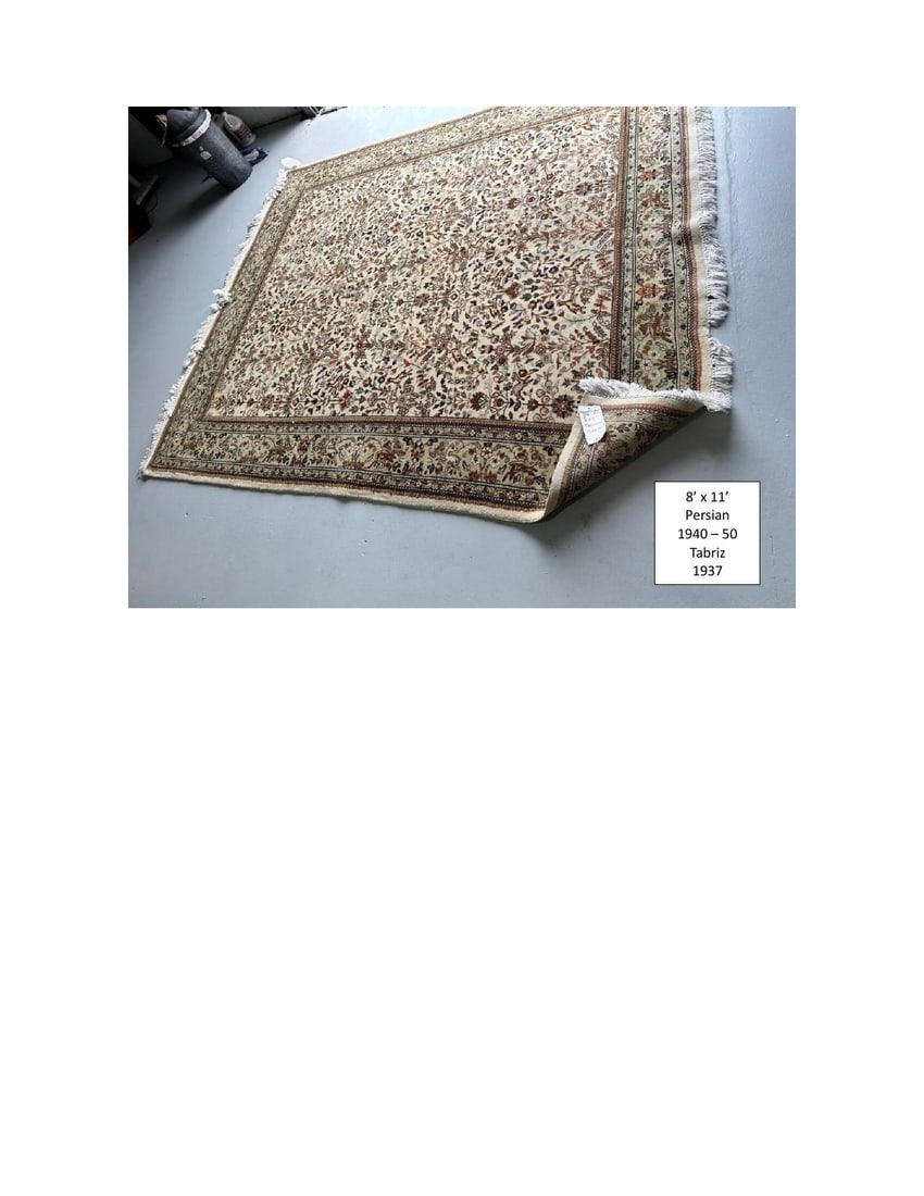 Persian-Style Hand-Knotted Floral Area Rug, Approx. 8' x 11': Large hand-knotted Persian-style area rug measuring approximately 8' x 11', featuring an ivory/cream field densely decorated with an intricate all-over floral and foliate pattern surrounded by multipl