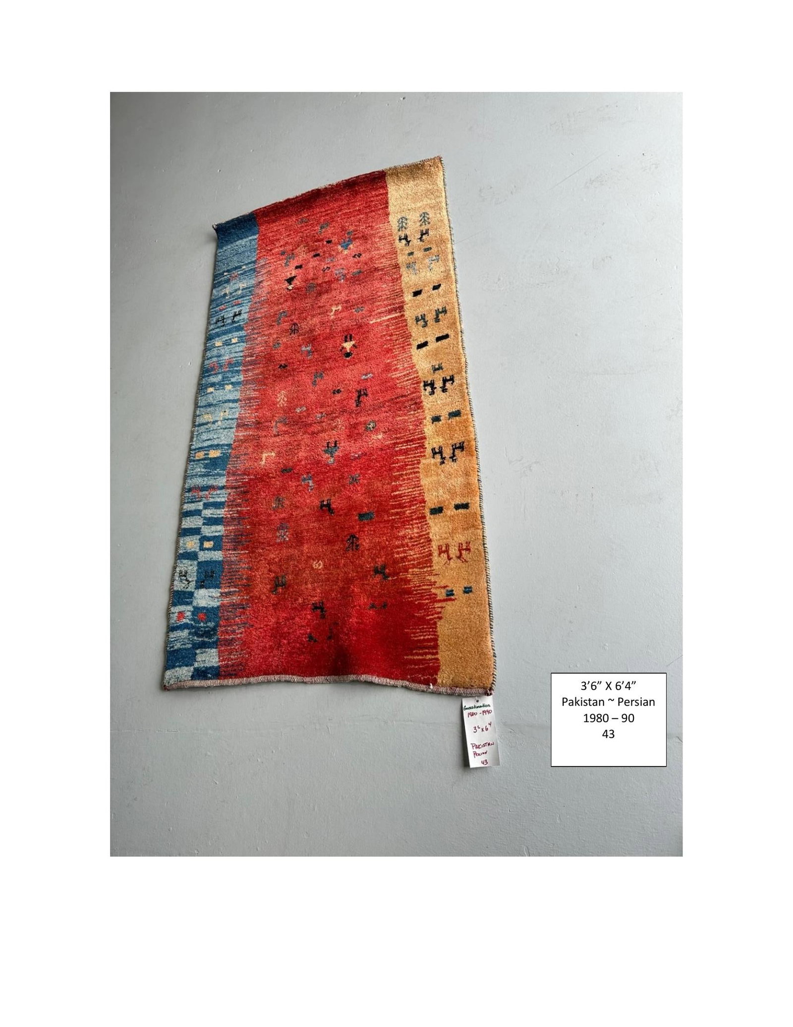 Vintage Pakistani Persian Gabbeh-Style Hand-Knotted Wool Rug, Circa 1980s, 3'6" x 6'4": Vintage hand-knotted wool rug attributed to Pakistan and executed in a Persian Gabbeh-style tribal design, circa 1980s. Measures approximately 3'6" x 6'4". Features a striking asymmetrical composition