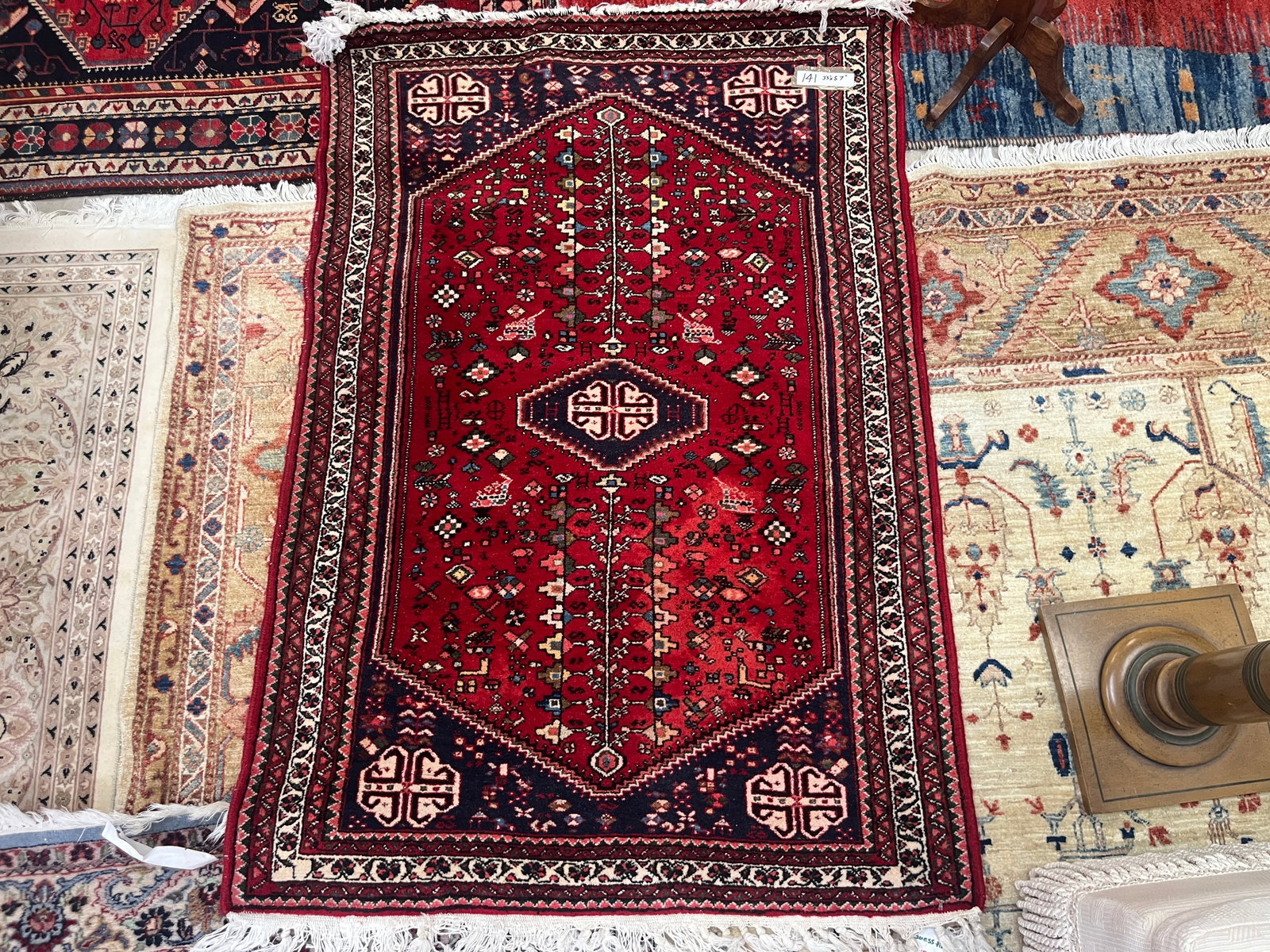 Vintage Persian Shiraz Hand-Knotted Wool Rug, Circa 1940s?50s, 3'5" x 5'7": Vintage Persian Shiraz hand-knotted wool rug, measuring approximately 3'5" x 5'7" and believed to date from circa 1940s?1950s. Features a vivid red field centered by a geometric diamond-form medallion