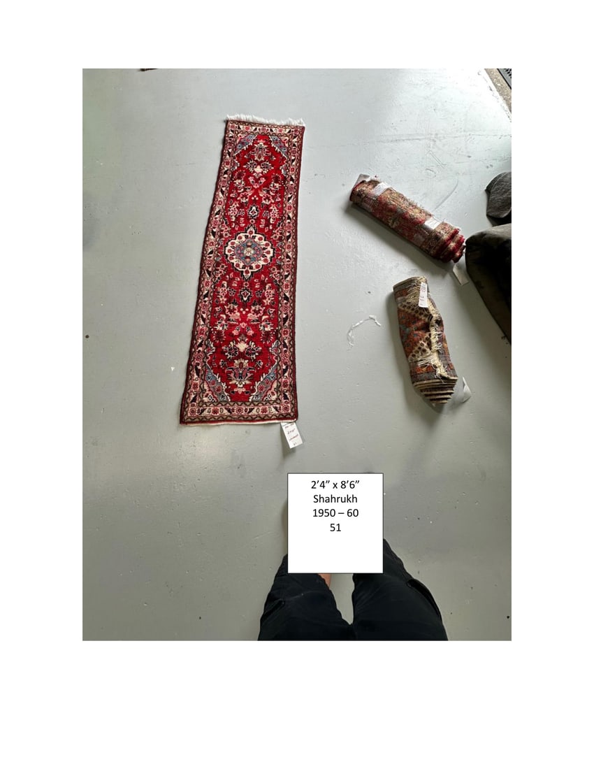 Vintage Persian Hand-Knotted Wool Runner Rug, Approx. 2'4" x 8'6": Vintage hand-knotted Persian wool runner featuring a rich red field centered by a prominent floral medallion in ivory, blue and red. The field is filled with scrolling floral and foliate decoration an