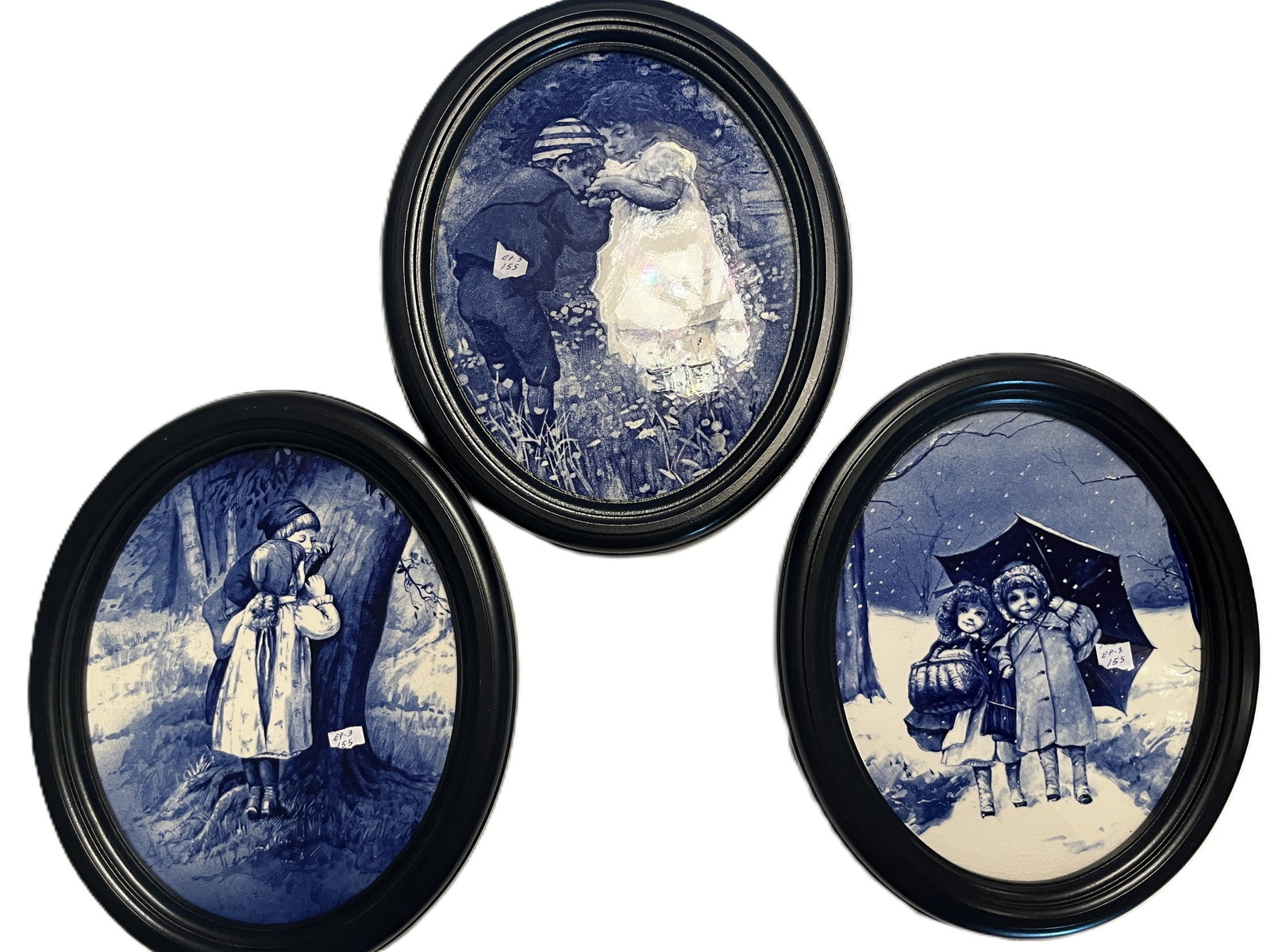 3 DJC Collectables Staffordshire England Blue & White Porcelain Wall Plaques, 11" x 9.5": Set of three vintage DJC Collectables porcelain wall plaques, made in Staffordshire, England, each measuring approximately 11" H x 9.5" W including the black oval frames. Each features a different nos