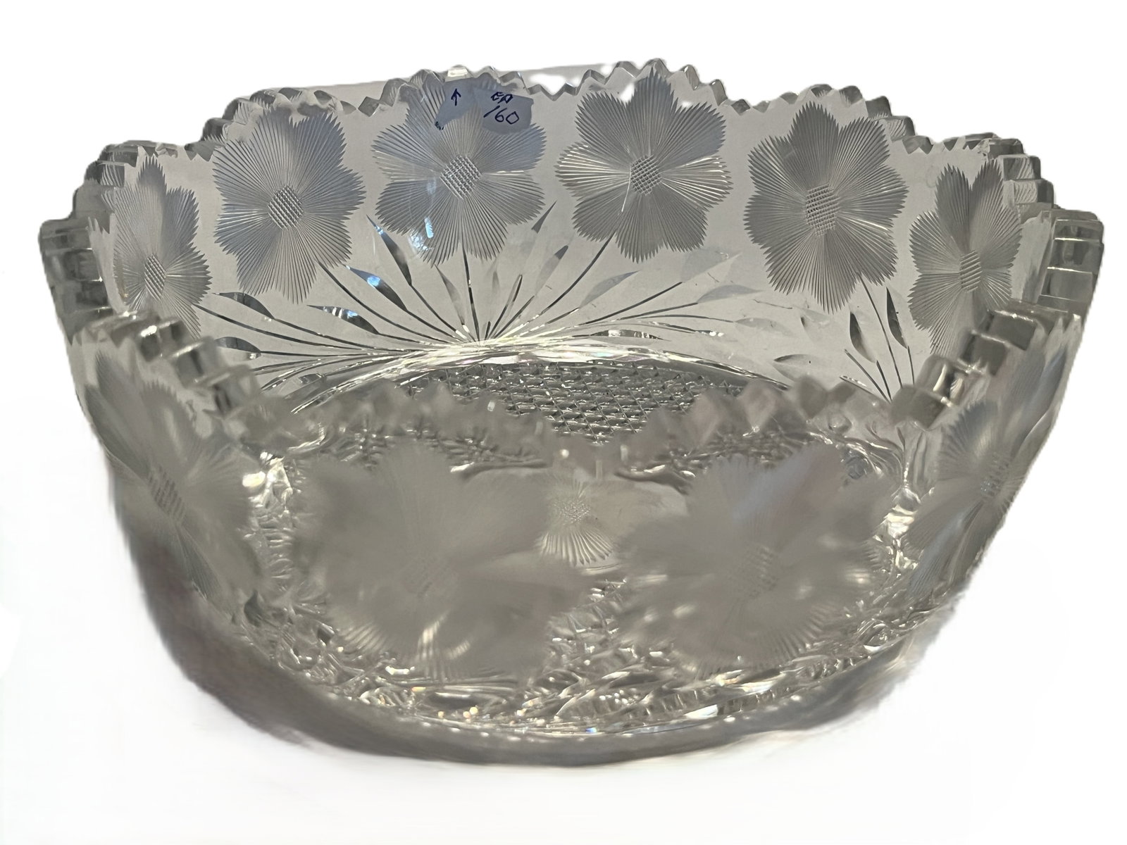 Antique American Brilliant Cut Glass Engraved Floral Bowl, 3.25"H x 8.25" Dia.: Antique American Brilliant Period cut and engraved glass bowl, measuring approximately 3.25"H x 8.25" diameter. Beautifully decorated with a continuous band of finely wheel-engraved flowers and foliag