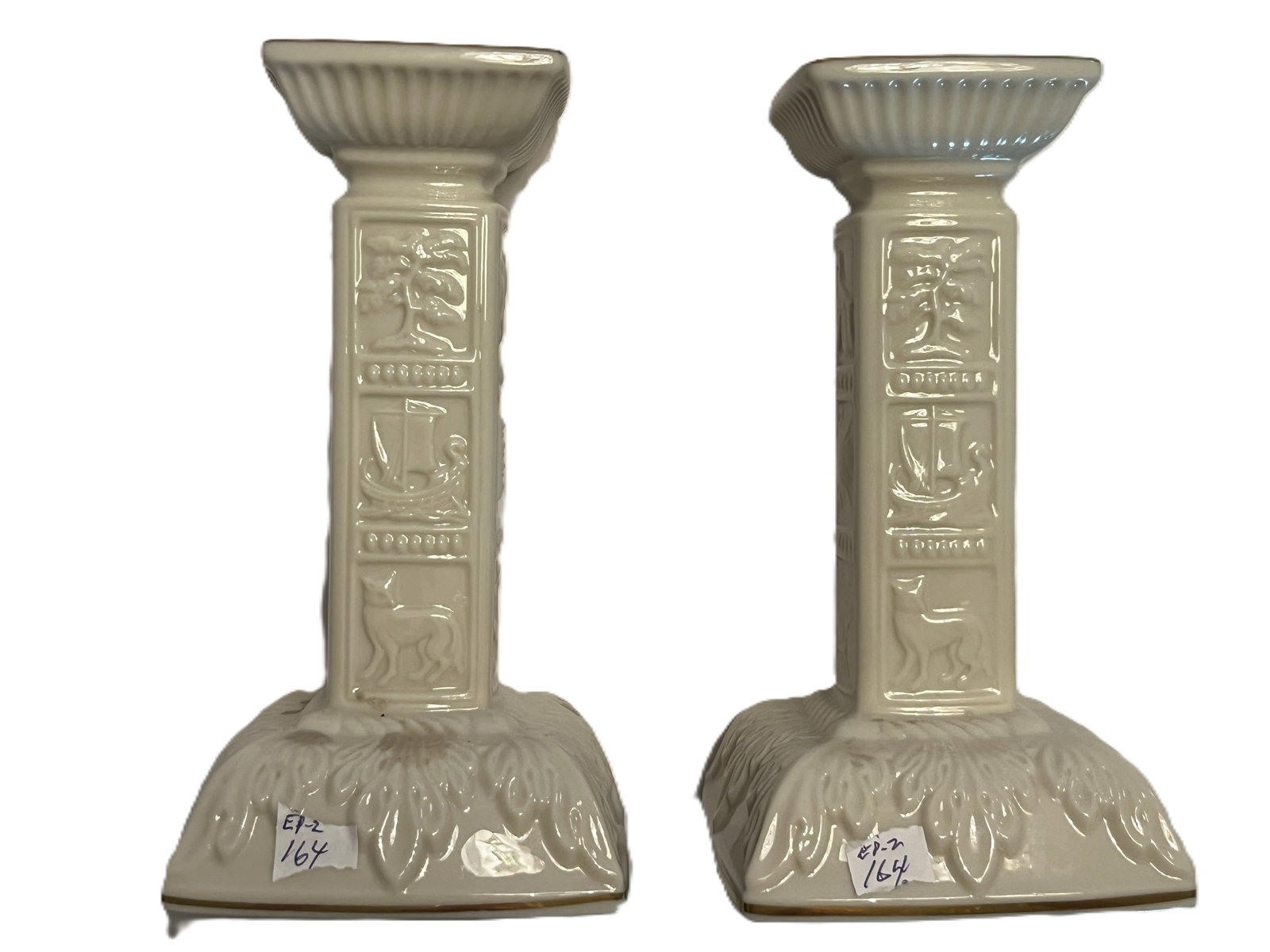 Pair Lenox Egyptian Revival Ivory Porcelain Candlesticks w/ Gold Trim, 7"H (1 of 2)