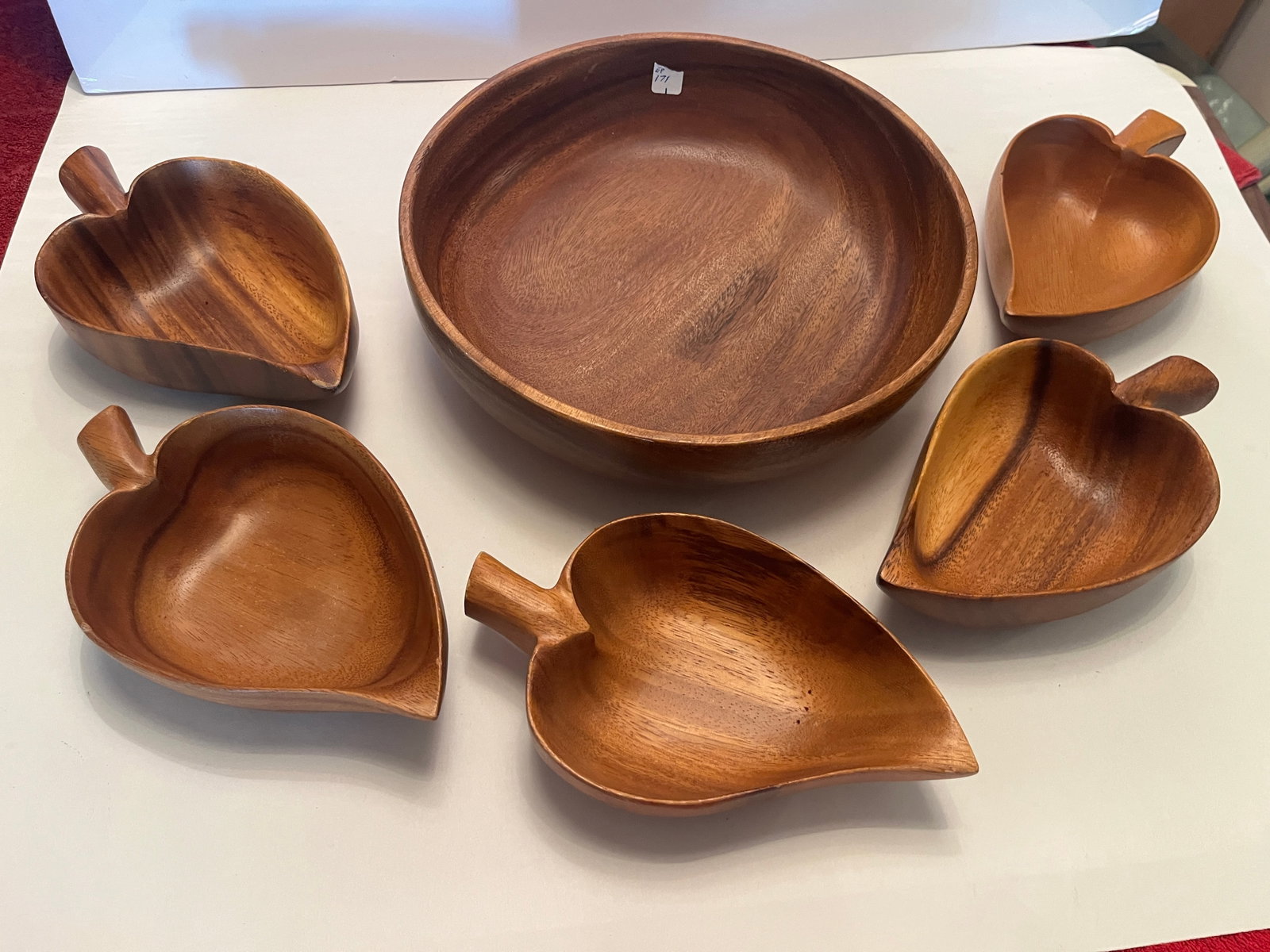 6-Pc Vintage Monkey Pod Wood Salad Bowl Set ? 11" Serving Bowl & 5 Leaf Bowls: Vintage 6-piece carved monkey pod/acacia wood salad serving set featuring warm natural grain and classic mid-century styling. Includes a large round serving bowl measuring approximately 11" diameter a