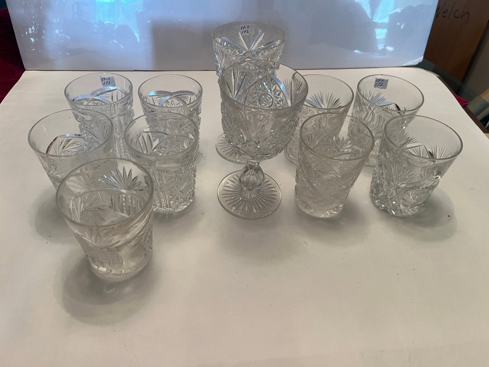 12-Pc Vintage Hand-Cut Crystal Drinkware Lot ? Tumblers & Stemmed Goblets: Collection of approximately 12 pieces of vintage clear hand-cut crystal drinkware, including assorted straight-sided tumblers/whiskey glasses and stemmed goblets. Features elaborate traditional cut de