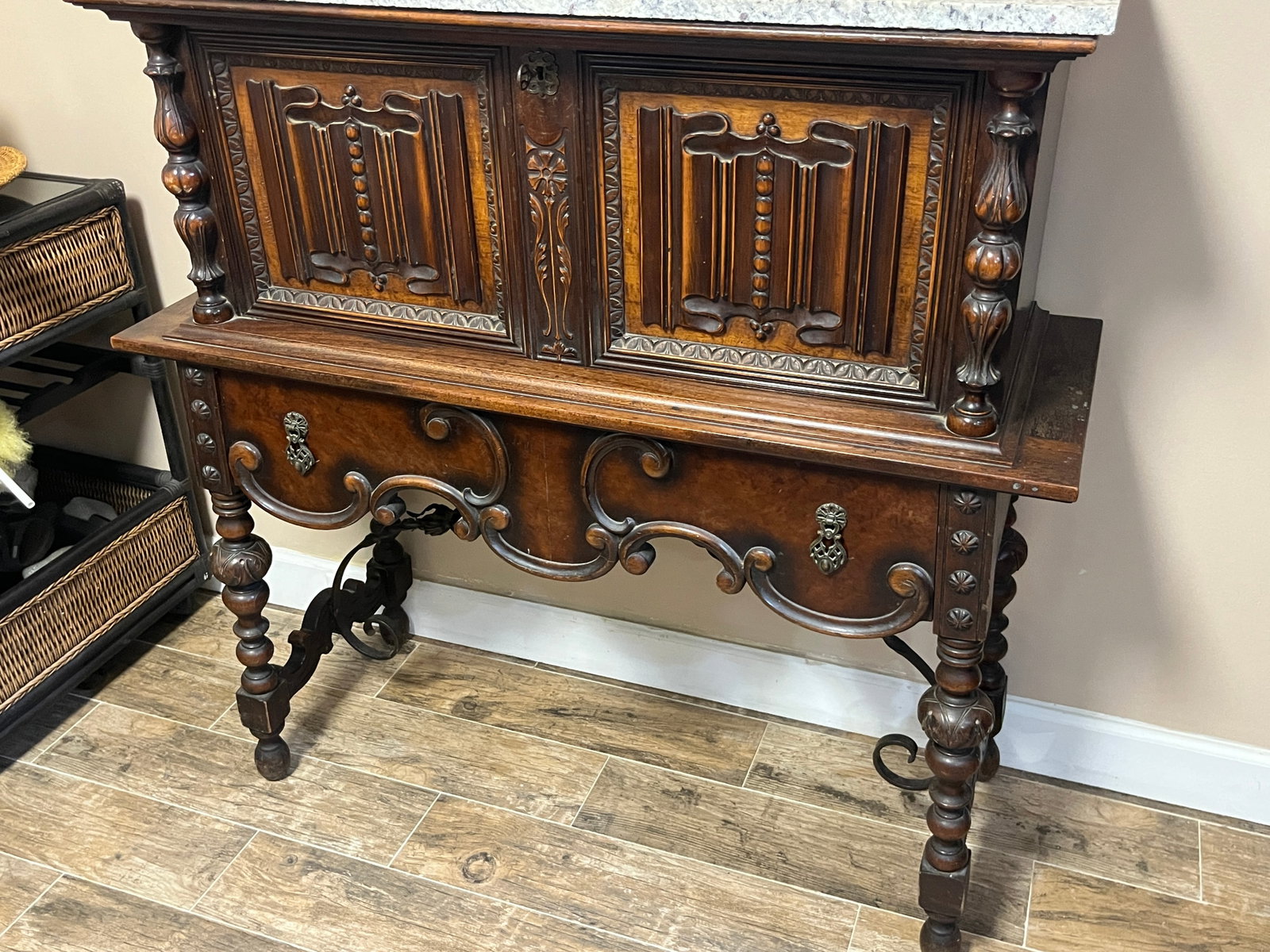Late 19th C. Renaissance Revival Drop-Front Secretary Desk w/ Granite Top, 43" H x 24" W x 20" D (1 of 5)