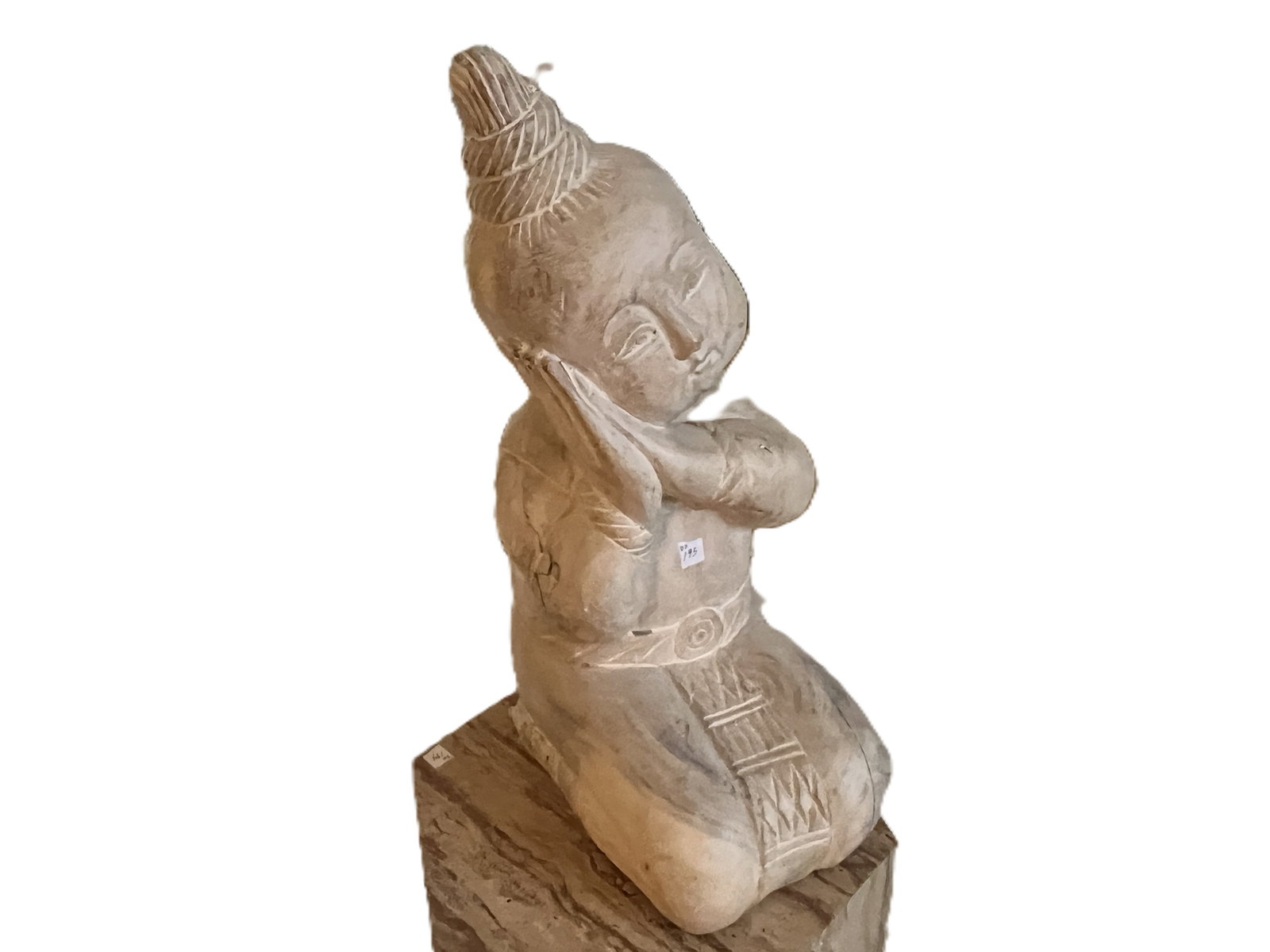 Large Southeast Asian Carved Wood Kneeling Female Figure ? 20"H: Large hand-carved wood sculpture depicting a kneeling Southeast Asian female figure in a graceful contemplative pose, with her head tilted and resting against her hands. Features a tall traditional he