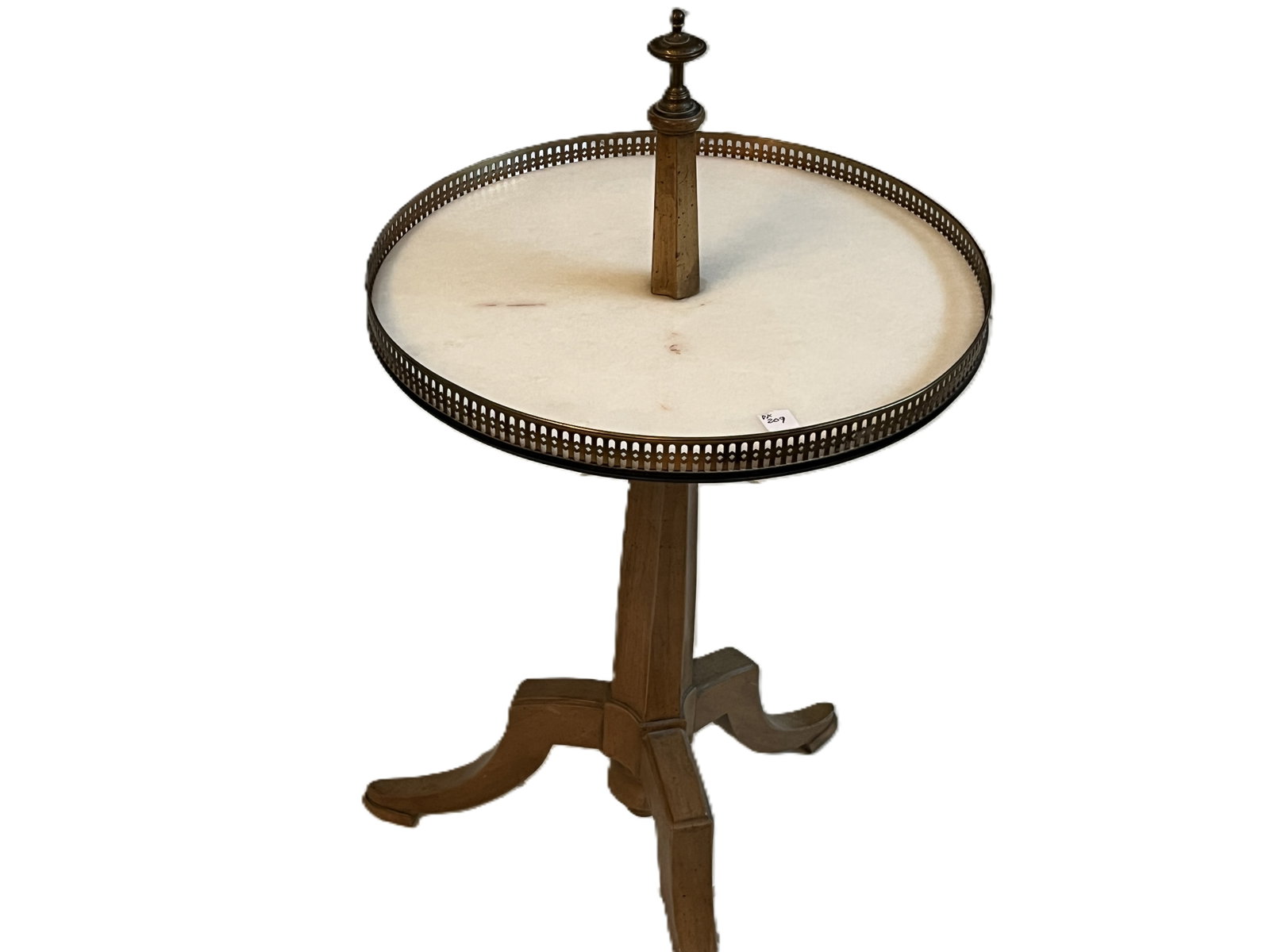 Bordon Italian Regency Style Marble Top Brass Gallery Tripod Table, 27"H: Distinctive Bordon Regency/Neoclassical style occasional table, retaining its original BORDON maker's label to the underside. Features a circular pale marble top surrounded by an ornate pierced brass 