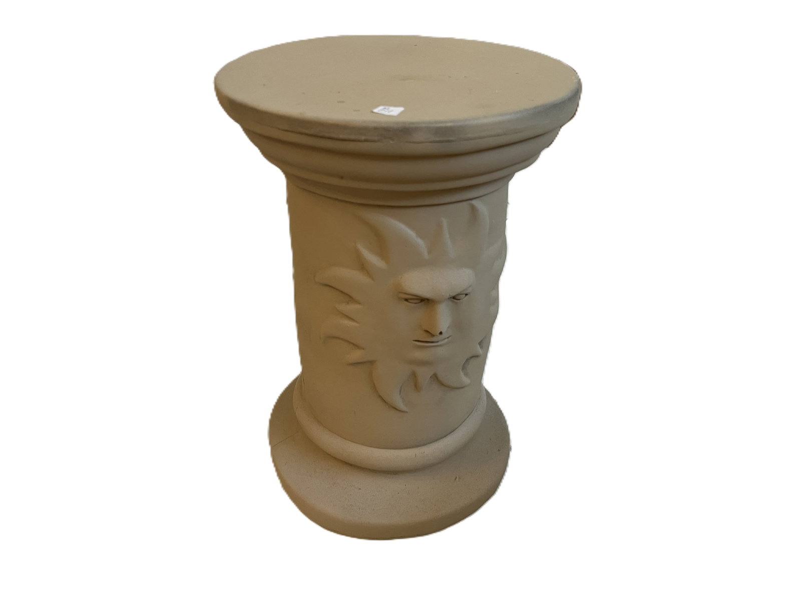 Vintage Ceramic Sun Face Pedestal Display Stand, 18.5"H x 11.5" Dia.: Decorative vintage ceramic pedestal or plant/display stand featuring a distinctive raised celestial sun-face motif around the cylindrical body. Designed with a molded circular top and stepped circular