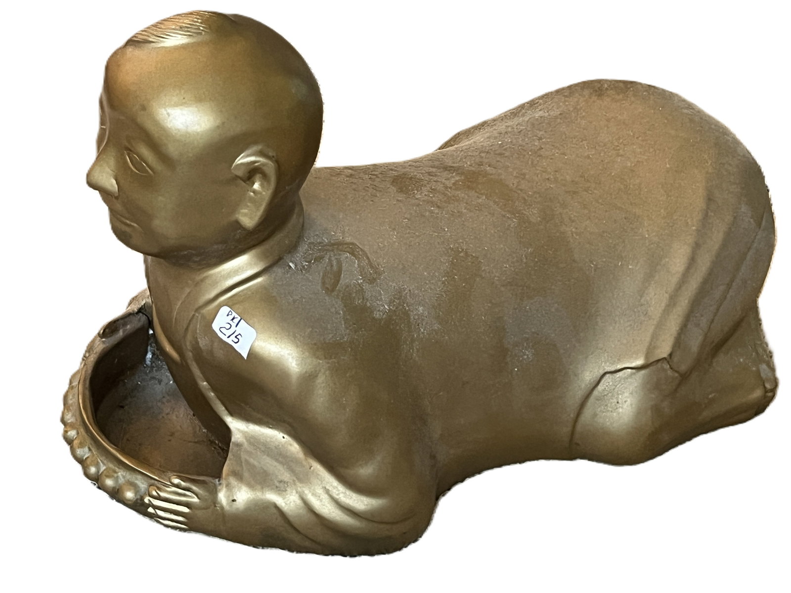 Vintage Asian Kneeling Monk Figural Planter / Bowl, Bronze Finish, 7" x 7" x 11": Unusual vintage Asian decorative figural vessel depicting a kneeling or prostrate monk-like male figure dressed in flowing robes and holding a rounded open bowl or basin between his hands. The figure 