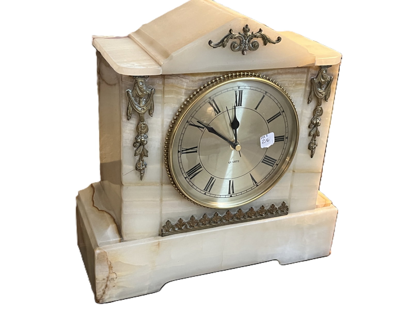 Onyx & Brass Mounted Quartz Mantel Clock, 12"H x 12"W x 4.75"D (1 of 3)