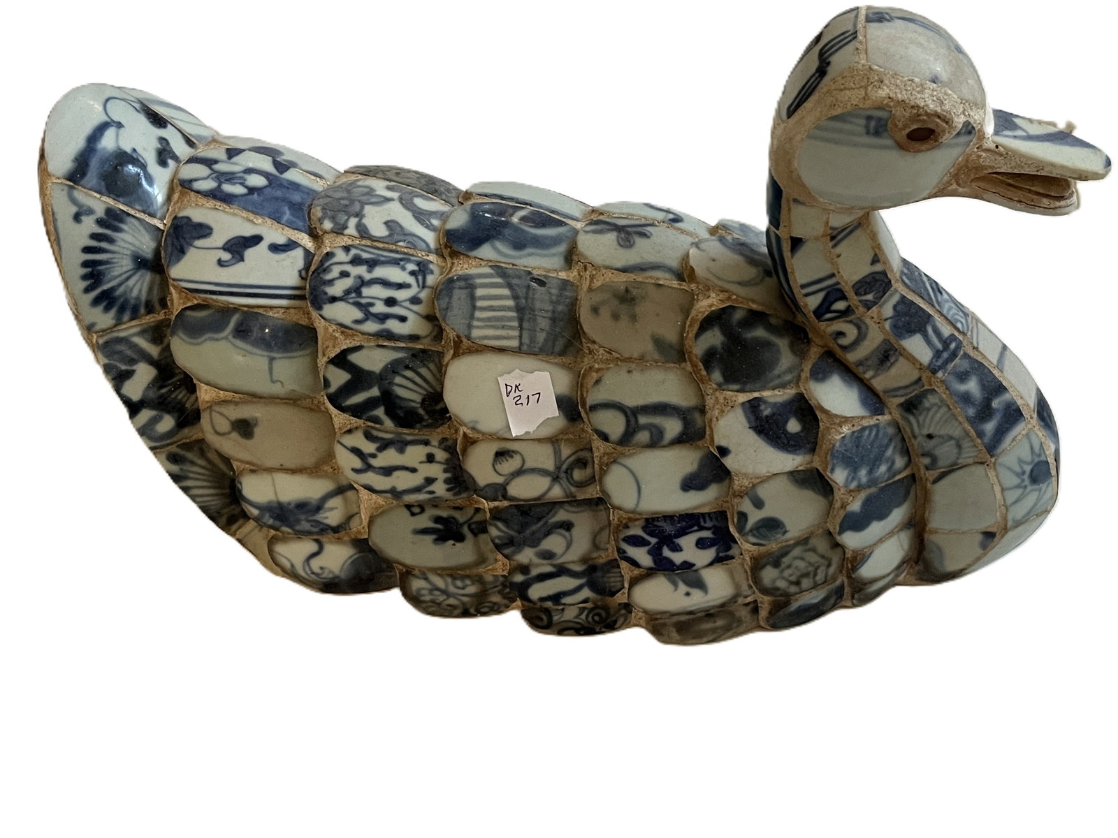 Chinese Blue & White Porcelain Shard Mosaic Duck Sculpture, 9"H x 15"L x 6"W (1 of 3)