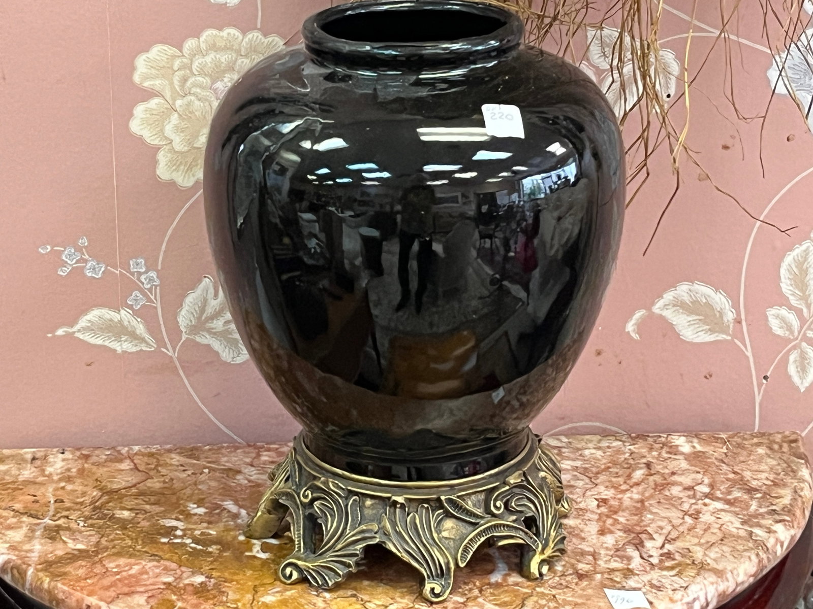 Black Glazed Ceramic Urn / Vase on Ornate Gilt Footed Base, 10.5"H x 7.5"W (1 of 3)