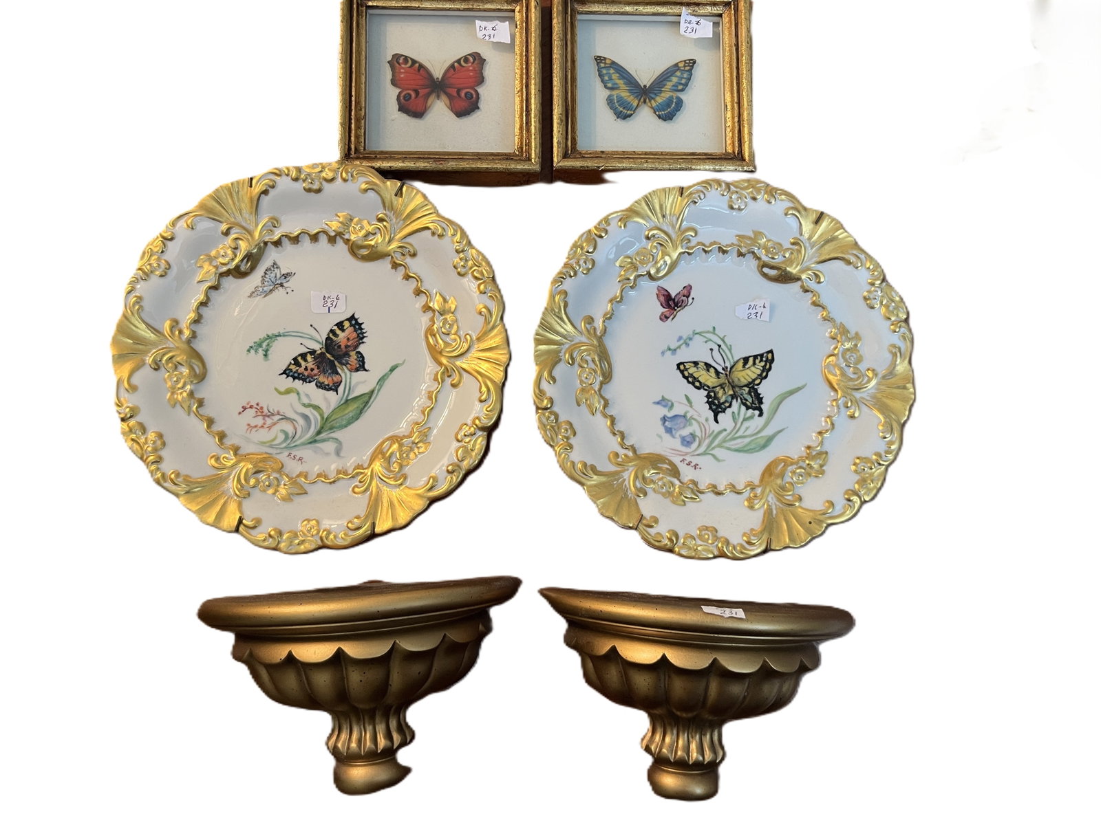 6-Pc Butterfly Decorative Lot ? Pair 7.5" Hand-Painted Gilt Porcelain Plates, 4" Framed Butterflies (1 of 4)