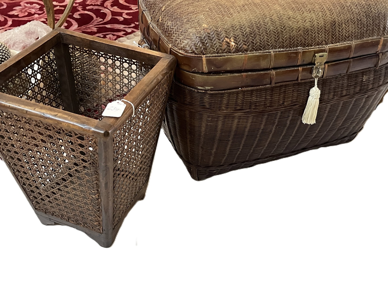 Vintage Asian Woven Bamboo Lidded Storage Trunk & Cane Basket ? Trunk 17"H x 23"W x 15"D (1 of 7)