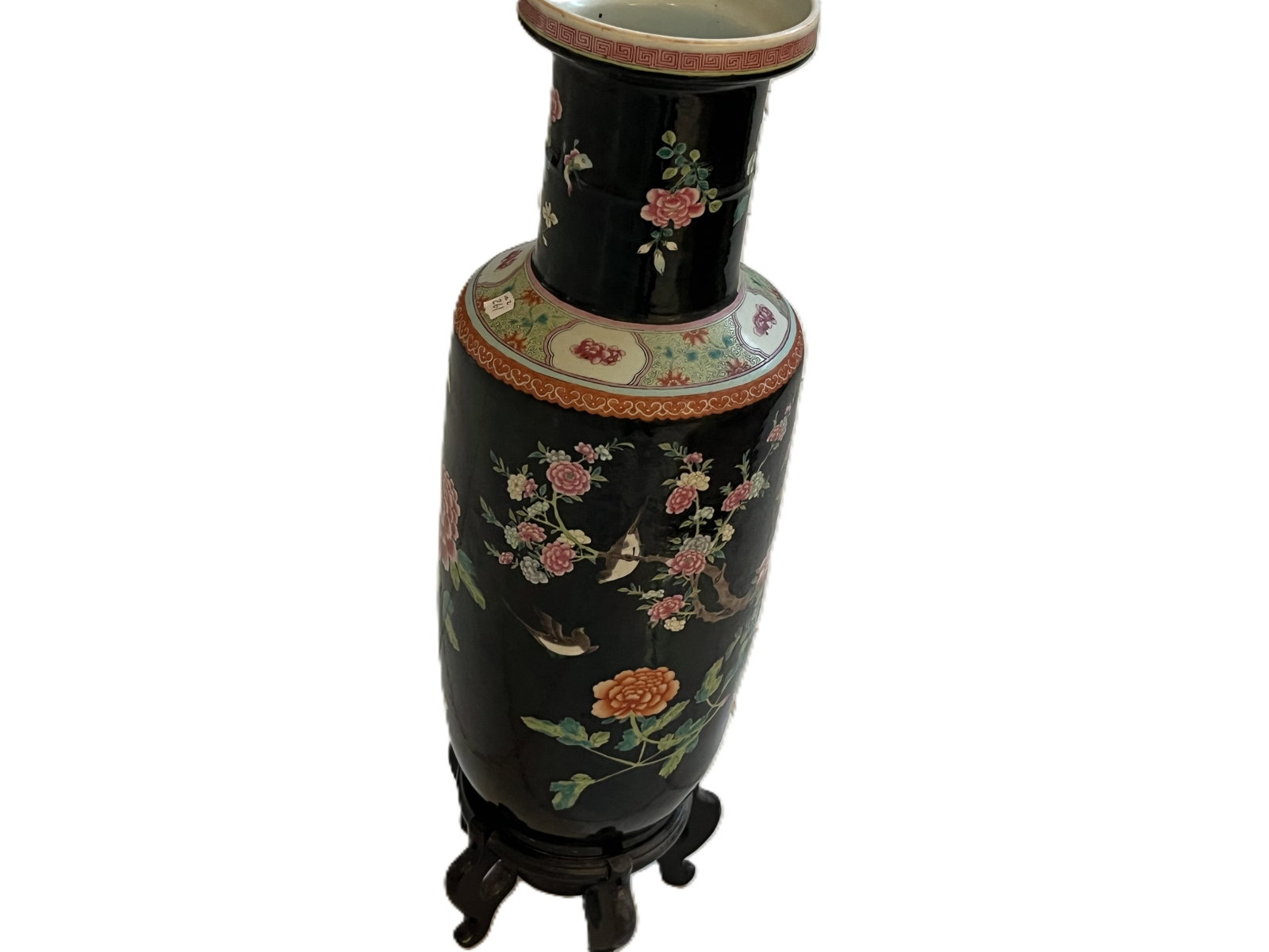 23" Chinese Famille Noire-Style Porcelain Floor Vase w/ Birds & Flowers on Wood Stand (1 of 3)