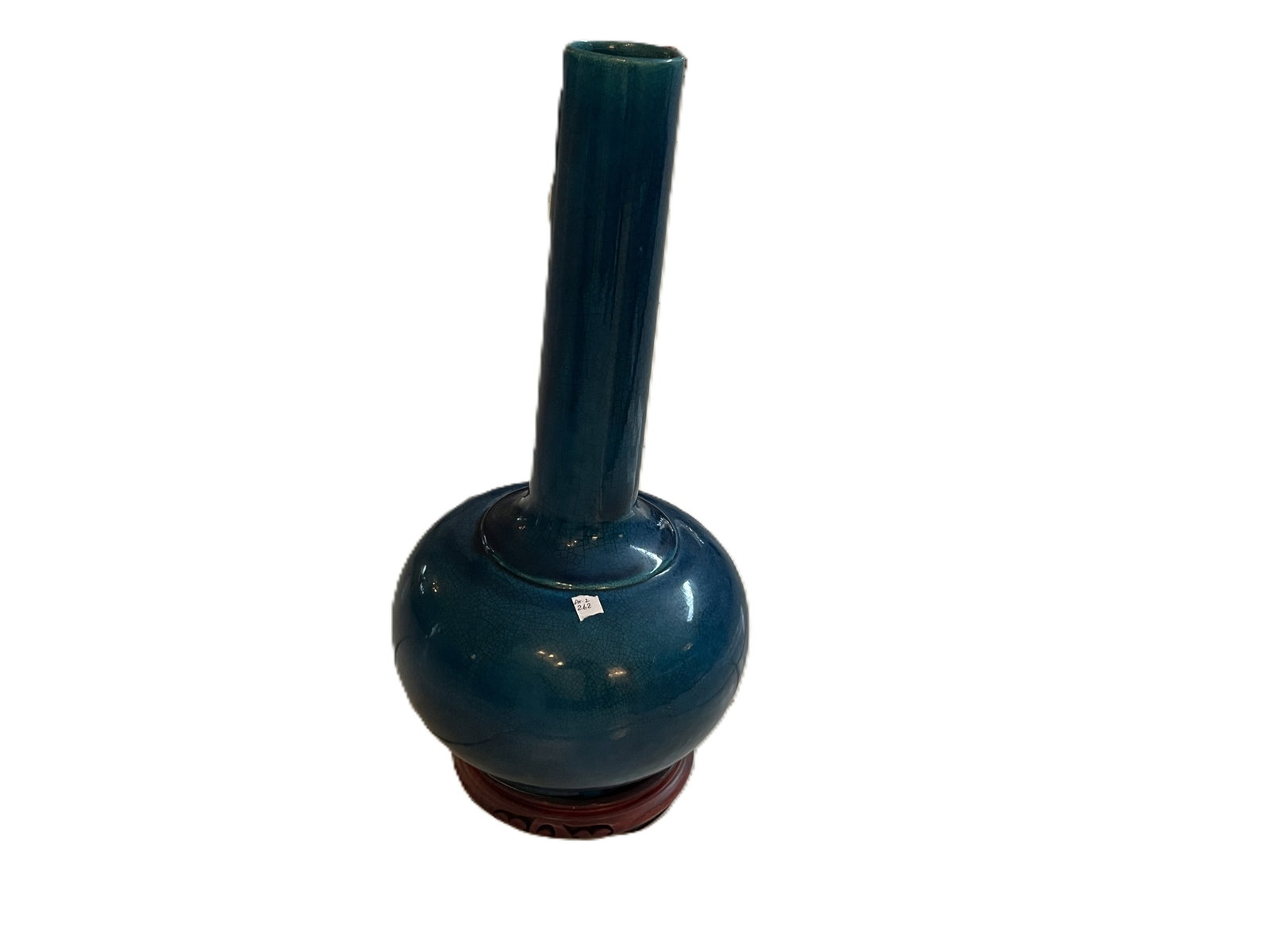 22" French-Style Blue Crackle Glaze Porcelain Bottle Vase on Wood Stand ? PV France: Large decorative blue glazed porcelain bottle vase, measuring approximately 22" H x 10" diameter, with a rounded bulbous body and unusually tall, slender cylindrical neck. Finished in a rich cobalt/te