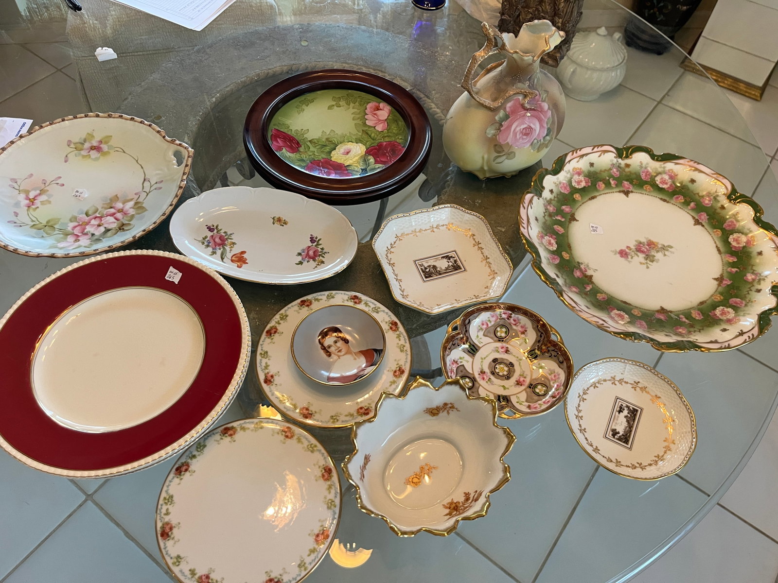 Assorted Vintage Hand-Painted Floral Porcelain & China Serving Pieces ? 12-Pc Decorative Lot: Decorative 12-piece assorted vintage porcelain and china lot featuring hand-painted and transfer-decorated floral designs, portrait decoration, gilt accents and richly colored borders. The grouping in