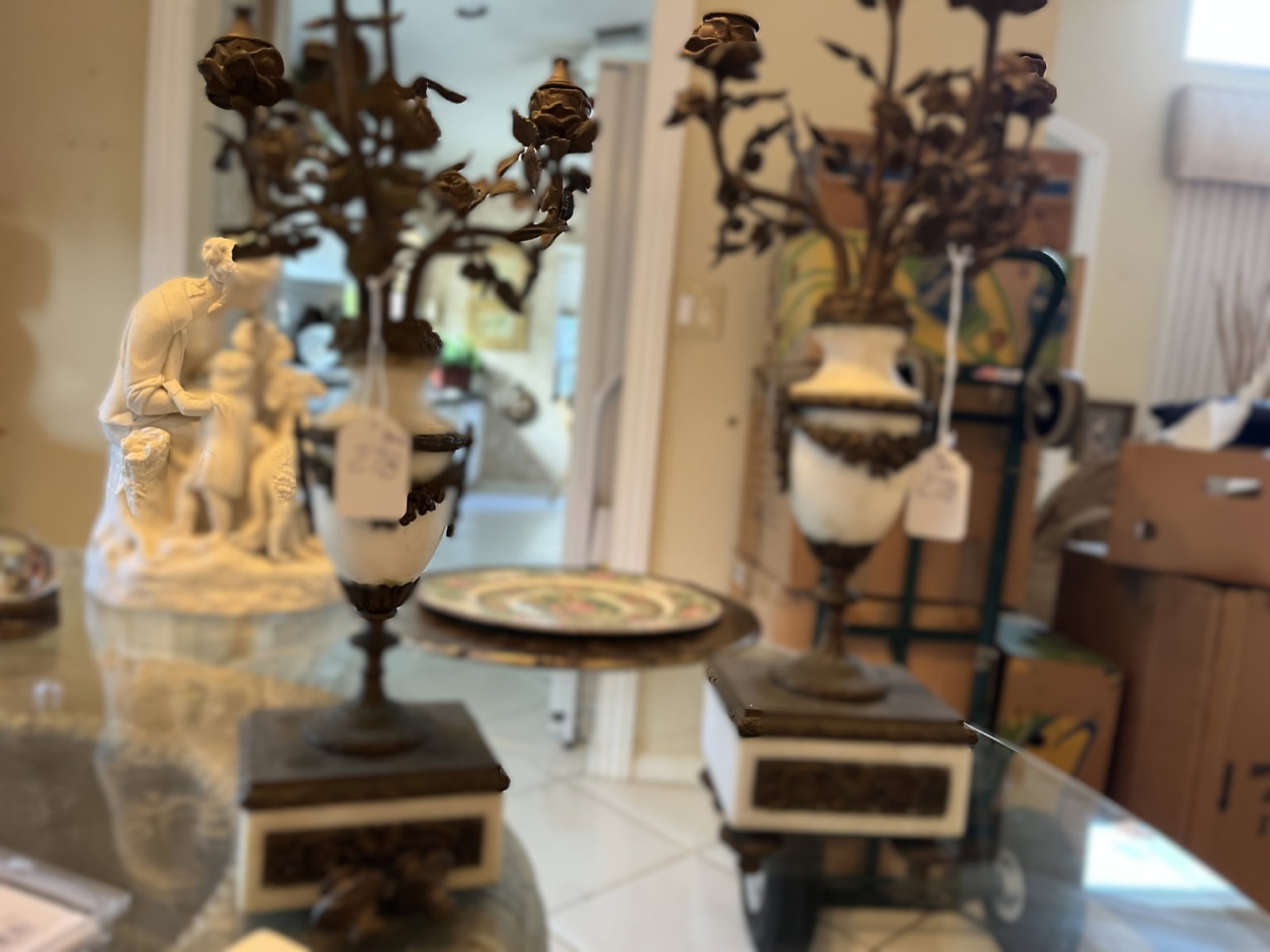 Pair Ornate Bronze/Brass & Marble Rose Candelabra ? Floral Bouquets ? One As-Is (1 of 4)