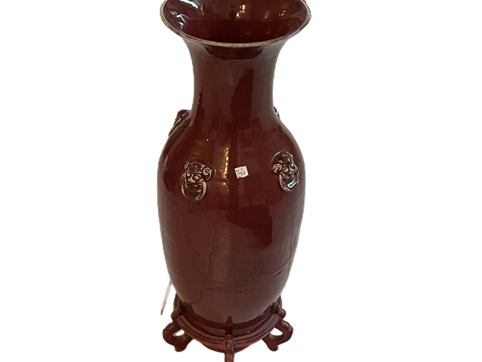 Large Chinese Sang-de-Boeuf Style Porcelain Floor Vase w/ Applied Foo Lion Masks & Wood Stand ? 27" (1 of 3)