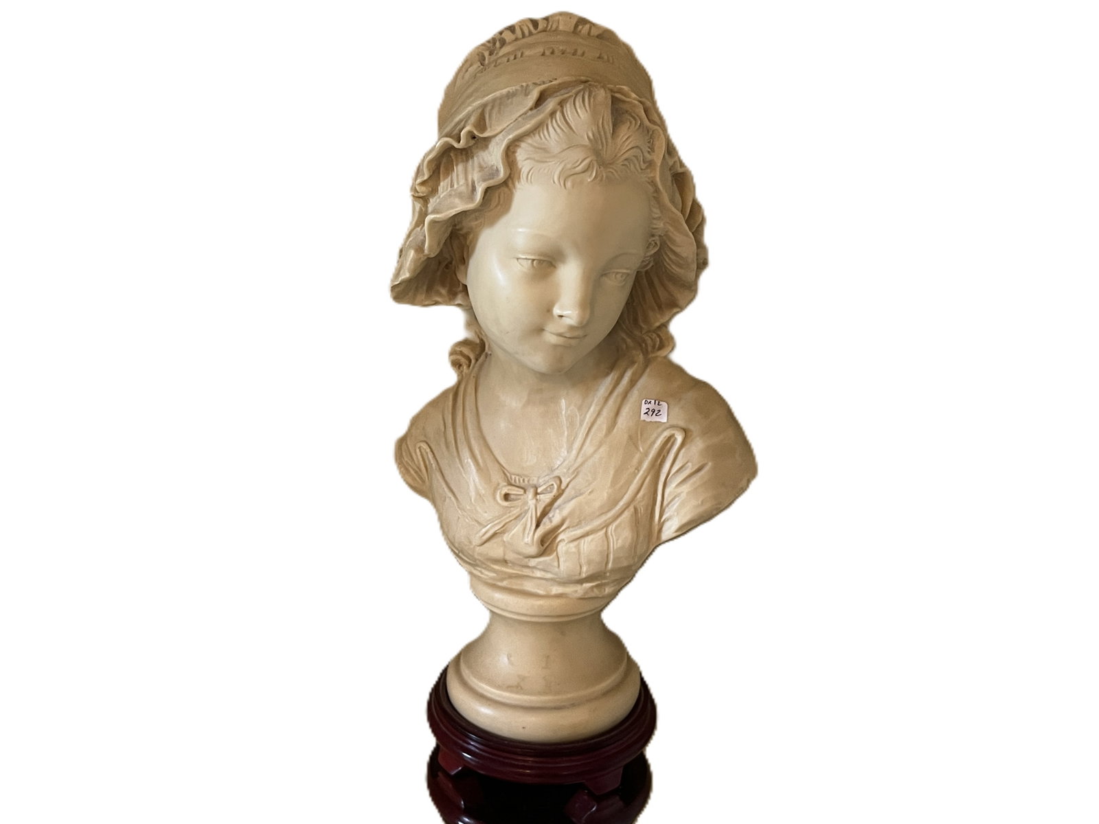 Neoclassical Style Bust of Young Woman in Bonnet on Wood Stand ? 20" H (1 of 4)