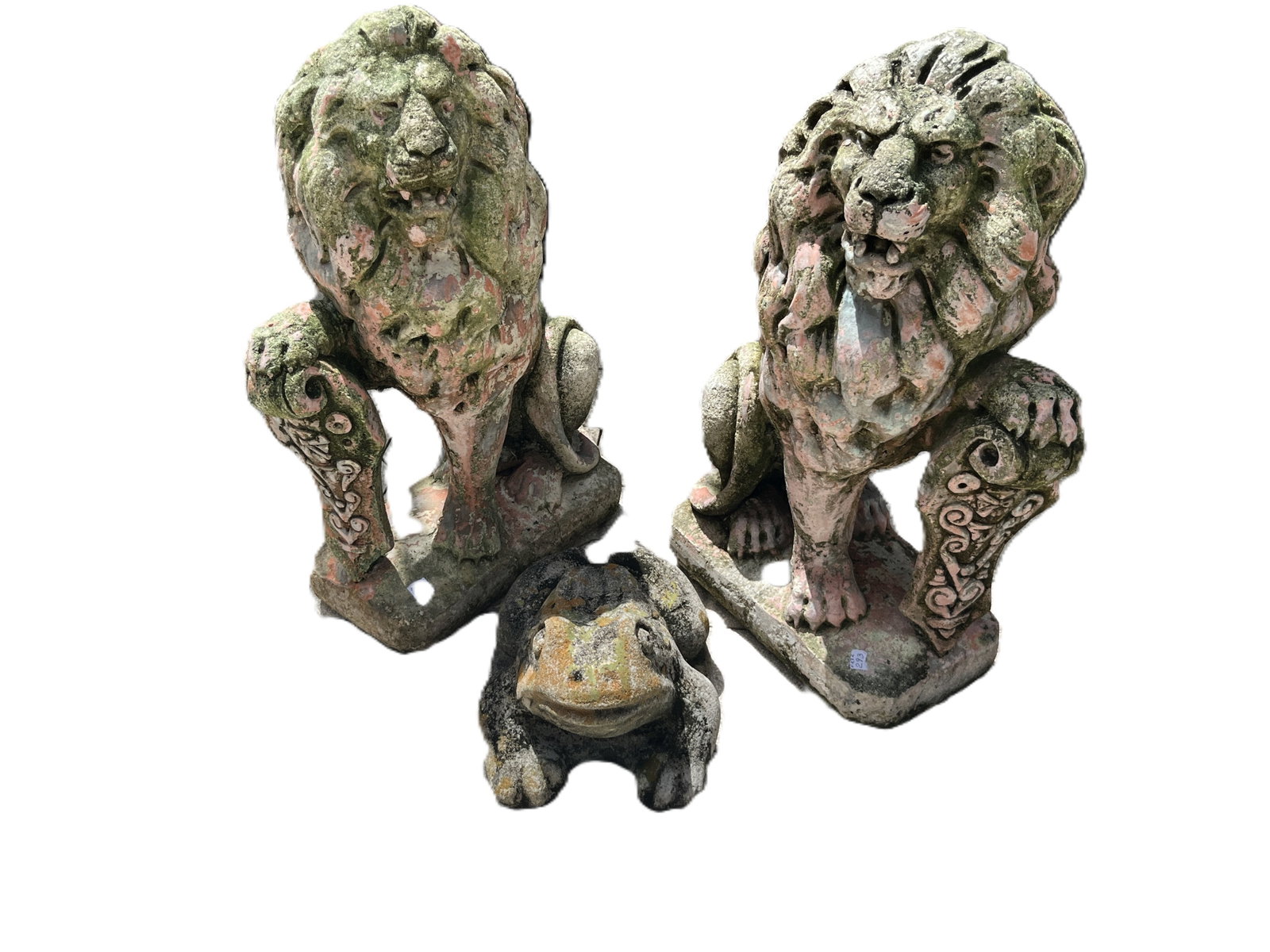 Pair Large Weathered Cast Stone Guardian Lions & Frog Garden Statue ? Lions 20" H: Decorative outdoor garden grouping consisting of a pair of large seated guardian lion statues and a smaller frog/toad figure. The lions feature deeply modeled flowing manes, open mouths, muscular bodi