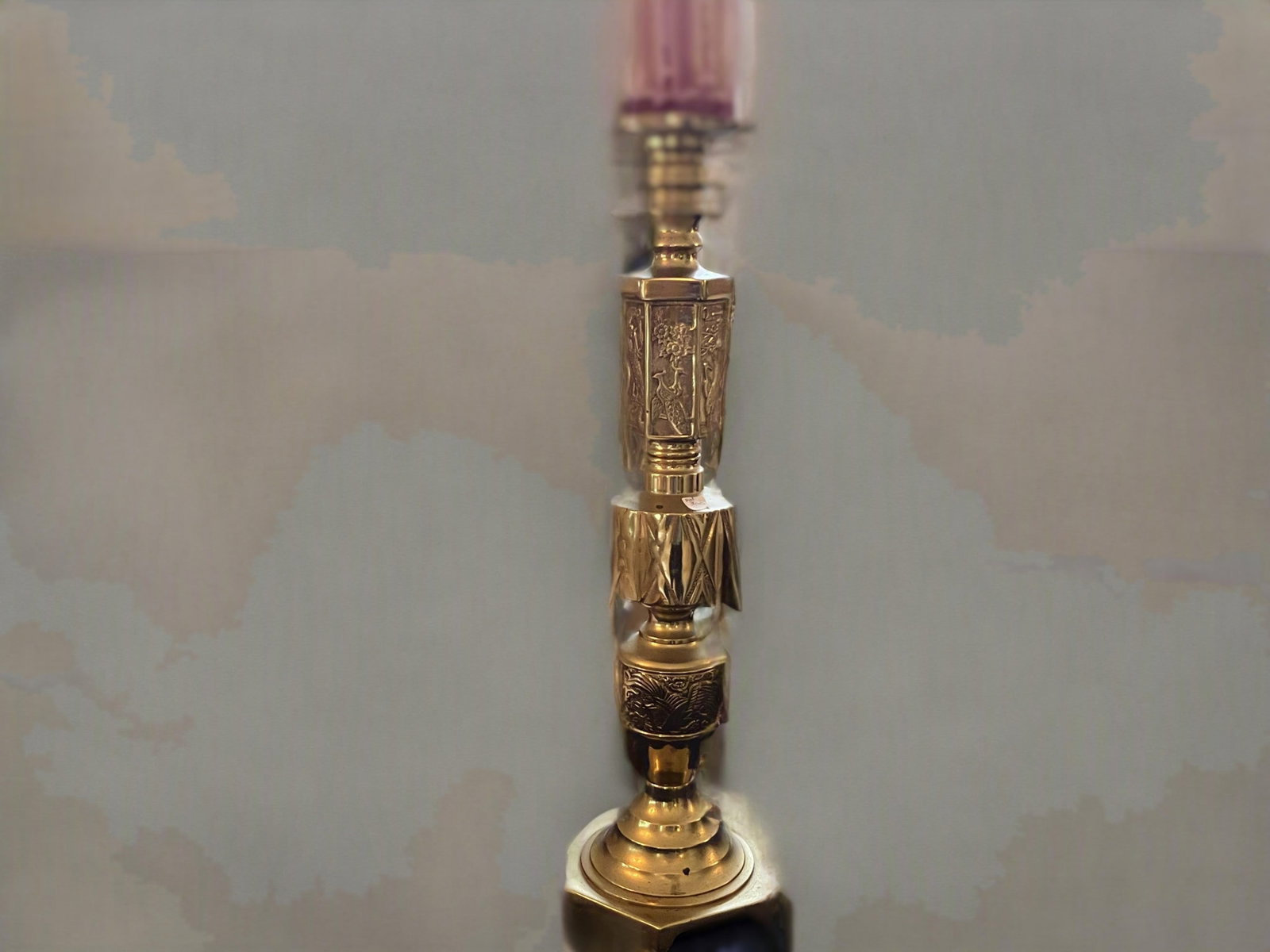 Asian-Style Brass Candlestick with Peacock & Floral Relief ? 23" H (1 of 3)