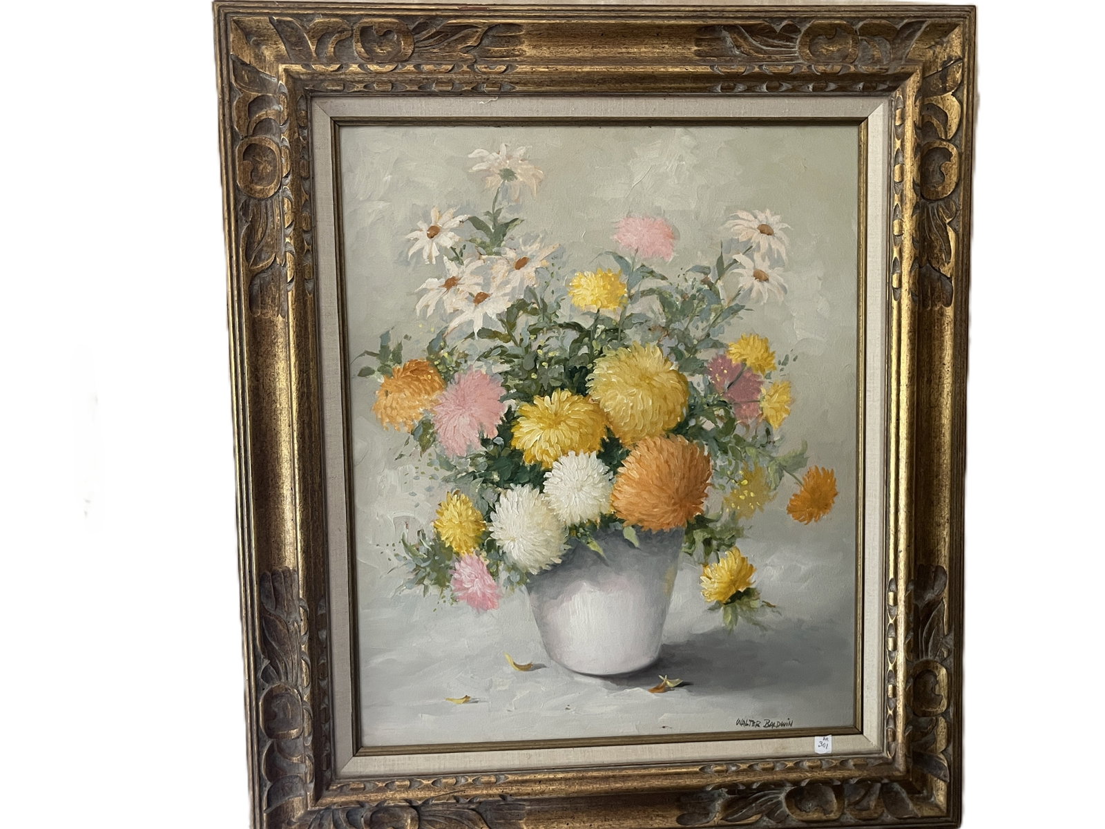 Walter Baldwin Signed Floral Still Life Oil Painting ? Ornate Gilt Frame, 24" x 20" (1 of 2)