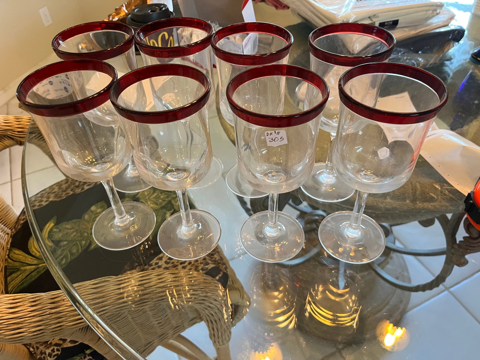Set of 8 Ruby Red Rim Clear Acrylic Wine Goblets ? 8-Pc Barware Set: Set of 8 decorative stemmed wine goblets constructed of clear plastic/acrylic with striking translucent ruby-red rims. The combination of clear bodies and deep red bands gives these an attractive cont