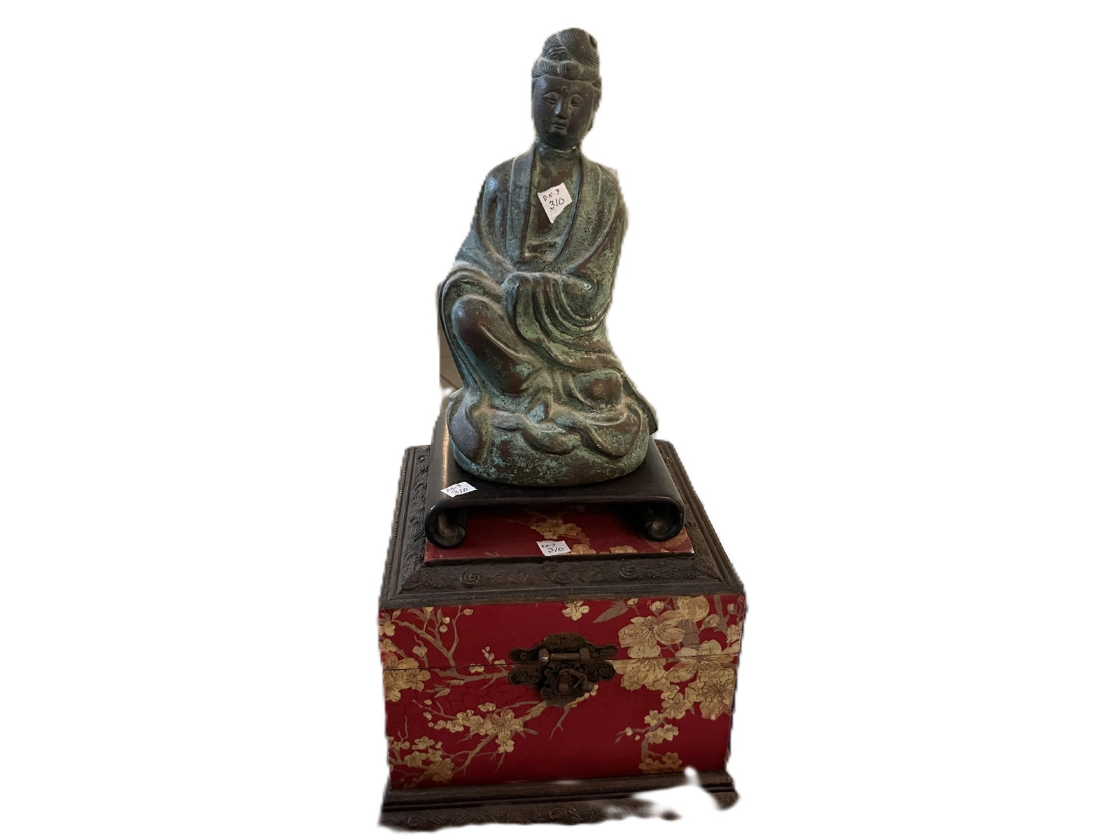 Asian Cast Metal Guanyin Figure & Red Floral Decorative Box ? 10.5" H: Asian decorative grouping featuring a 10.5" high cast-metal seated Guanyin/Kwan Yin figure, depicted in flowing robes seated upon a stylized lotus-form base. The metal surface has an intentionally age