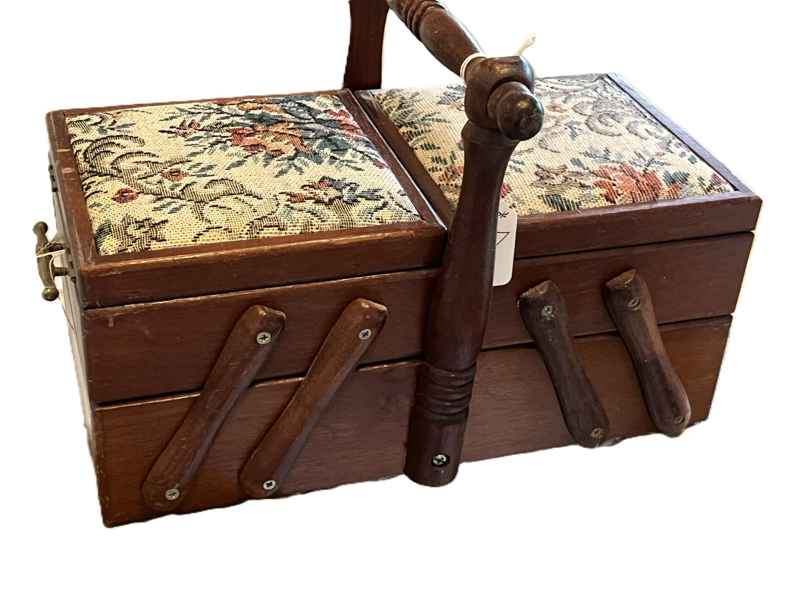 Vintage Wood Accordion Cantilever Sewing Box w/ Floral Tops, 12" W: Vintage wooden accordion-style sewing box measuring approximately 5.5" H x 12" W x 6.5" D, excluding the raised carrying handle. Features a traditional cantilever expanding design with multiple storag