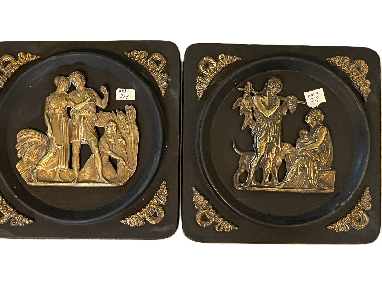 Pair Black Metal Plaques w/ Applied Bronze Figural & Ornamental Relief, 7" x 7" (1 of 1)