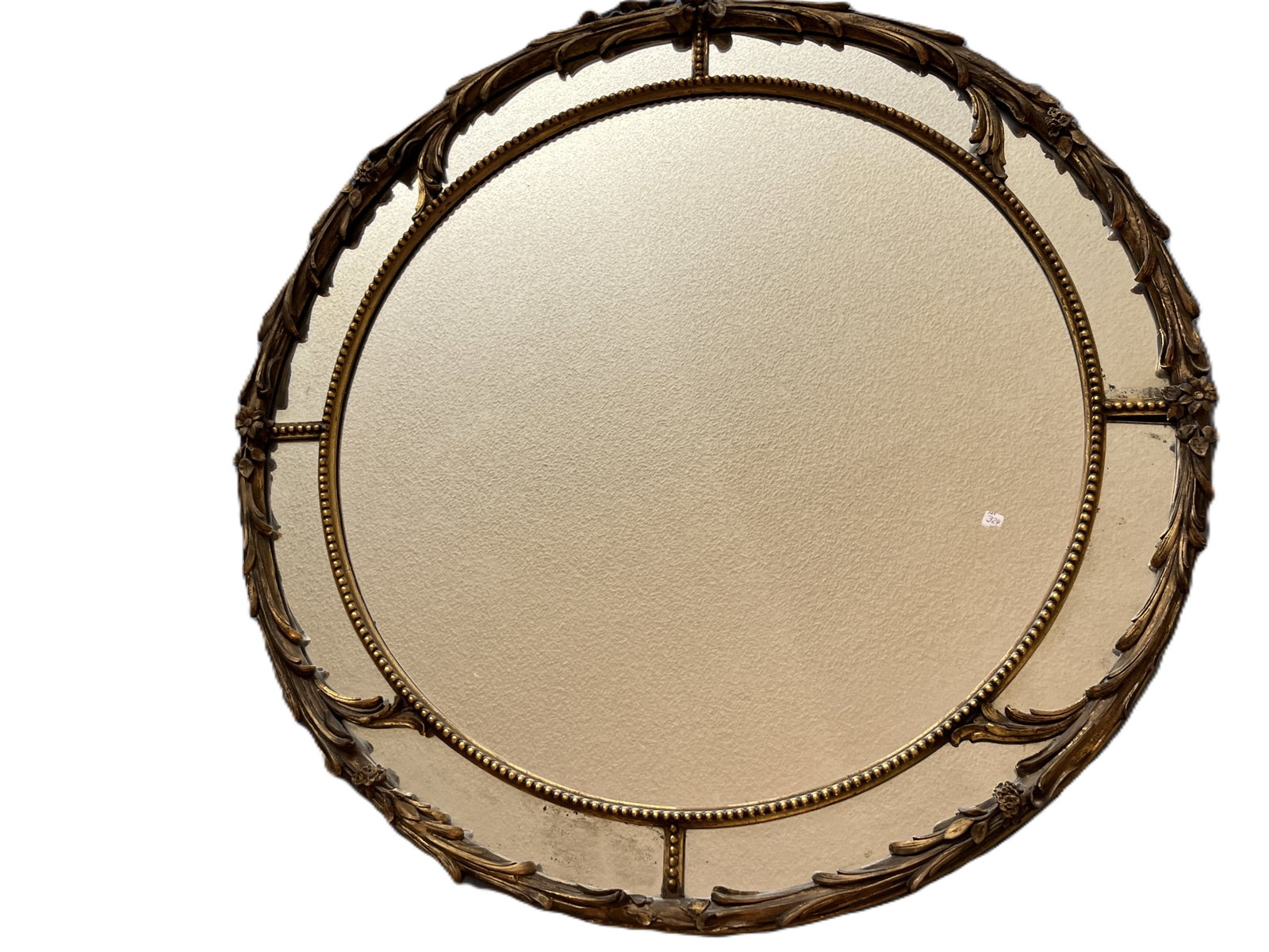 VTG French Louis XVI Style Gilt Metal Round Wall Mirror, 38" Dia.: VTG decorative Louis XVI / Neoclassical-style round wall mirror, measuring approximately 38" diameter. Features an ornate gilt-finished metal frame with an openwork outer border decorated with scrolli