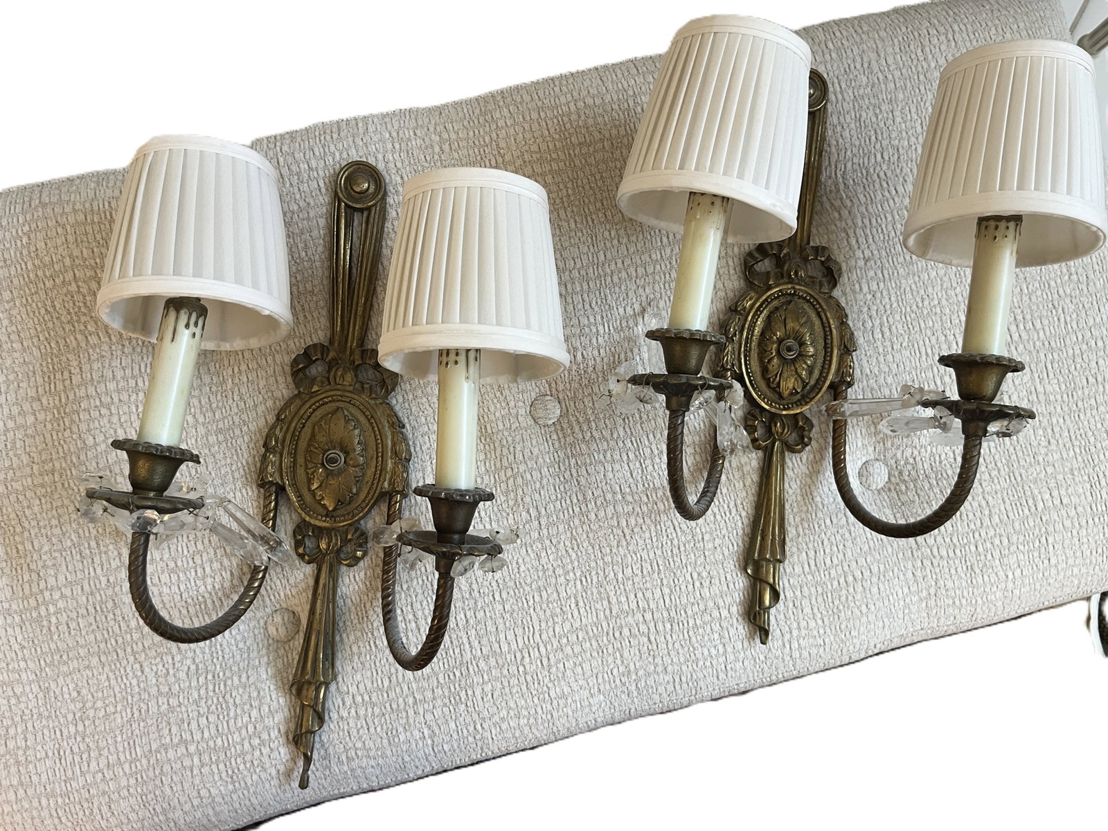 Pair Louis XVI Style Gilt Bronze 2-Light Wall Sconces w/ Crystal Prisms (1 of 4)