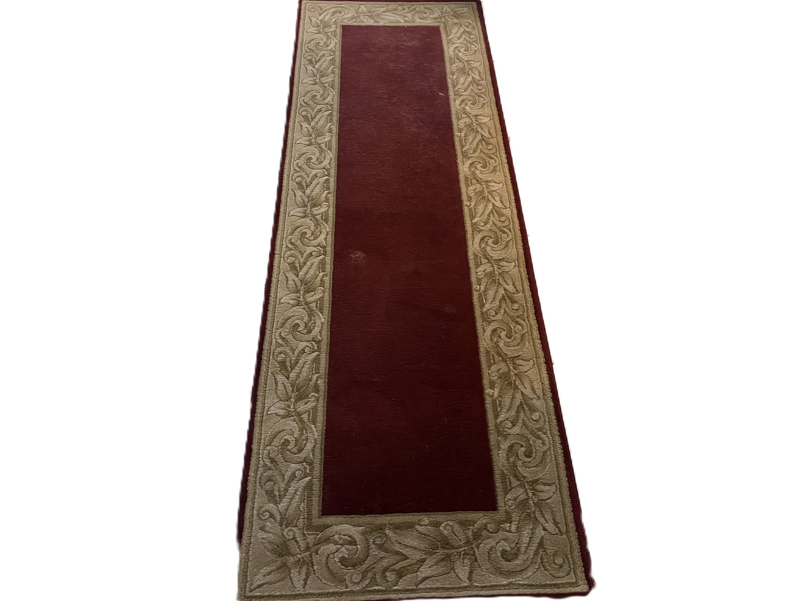Luxus “Elegant Embrace” Belgian Red Runner Rug, 2'7" x 7'10": Luxus “Elegant Embrace” traditional runner rug, Made in Belgium, featuring a rich red/burgundy central field surrounded by a wide contrasting beige and taupe scrolling floral and acanthus-leaf