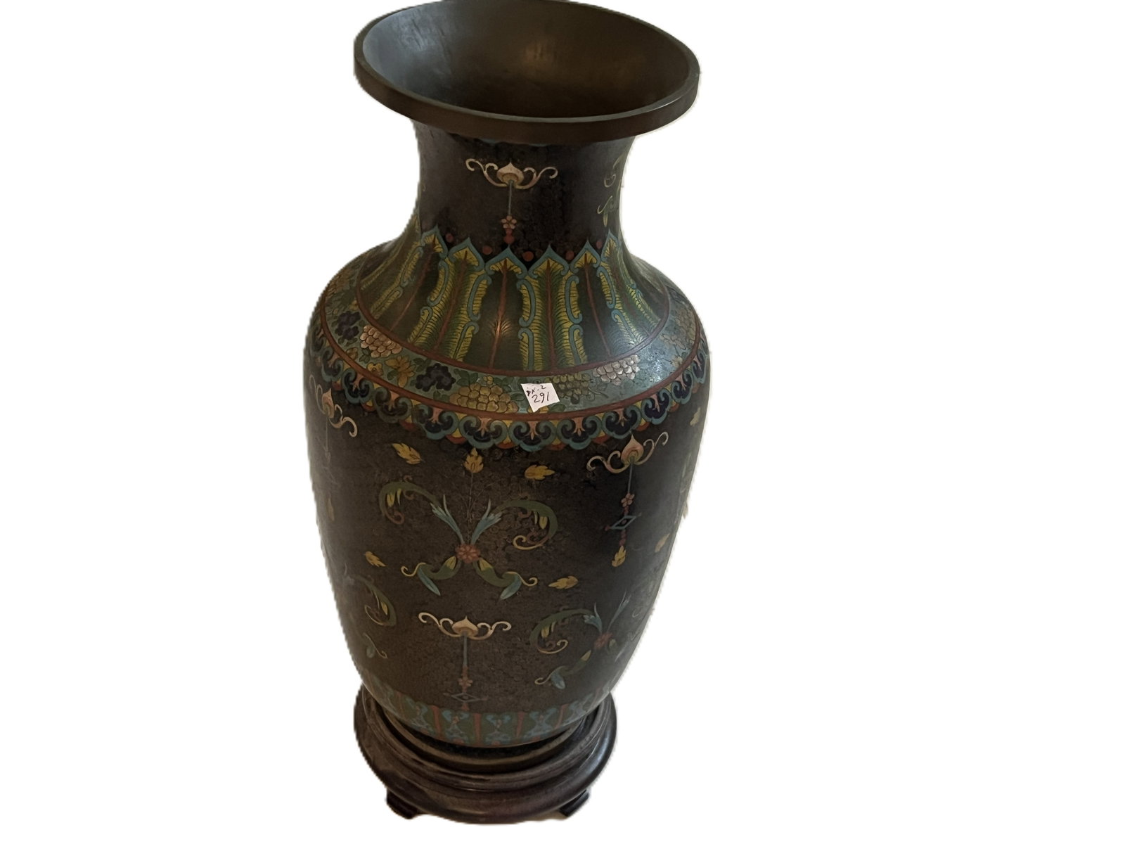 Large Chinese Cloisonné Enamel Vase on Carved Wood Stand – 22" H (1 of 4)