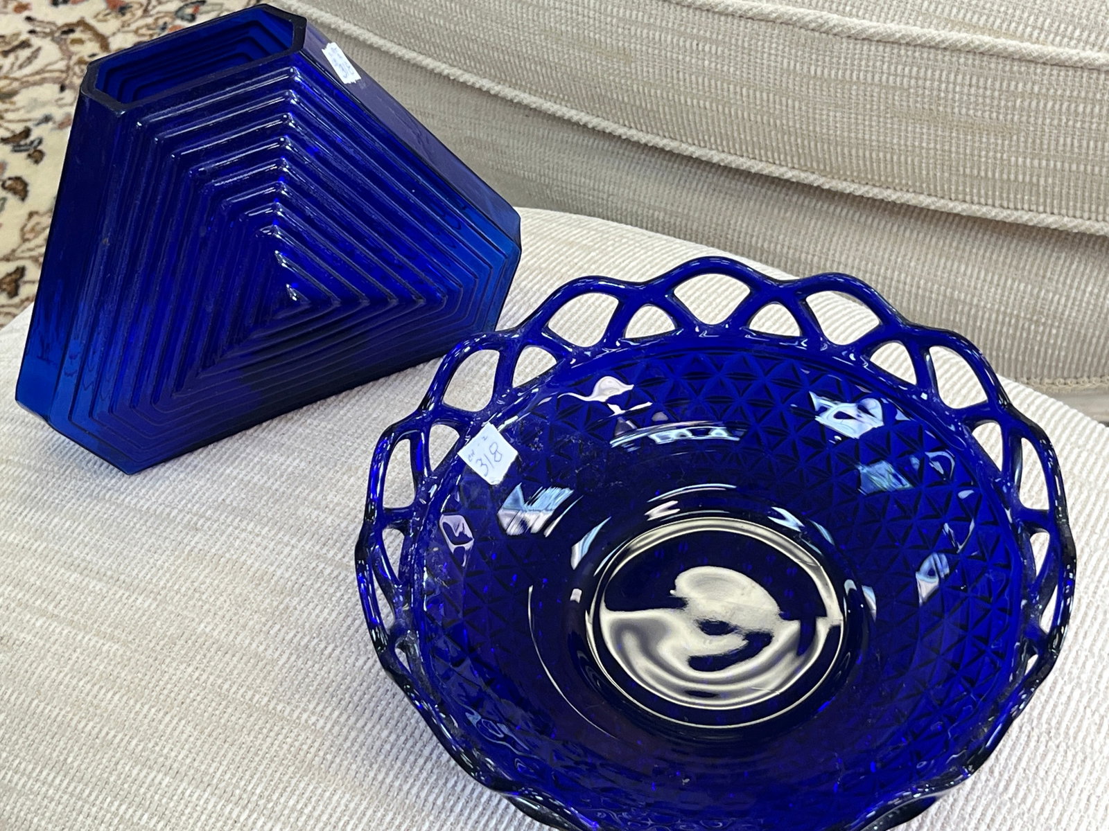 VTG Co2 VTG Cobalt Blue Glass Pieces ? Imperial Lace Edge Bowl & Blenko Pyramid Vasebalt Blue: Two vintage cobalt blue art glass pieces sold together as one lot. Includes an Imperial Glass bowl featuring a rich cobalt color, pressed geometric pattern and distinctive openwork/lace edge rim. Acco