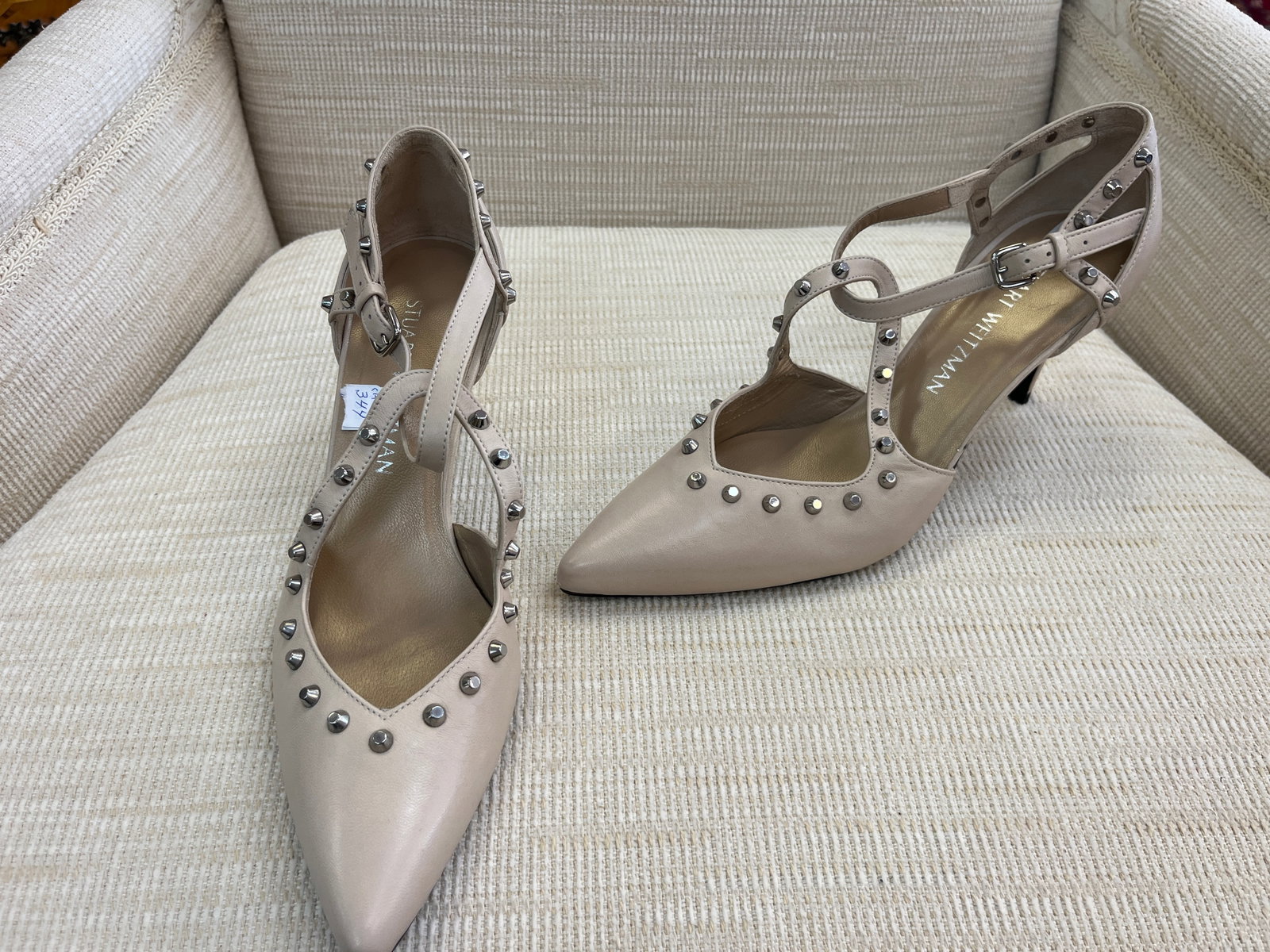 Stuart Weitzman Studded Nude Leather Pointed-Toe Heels ? Approx. 9.5?10" L (1 of 4)