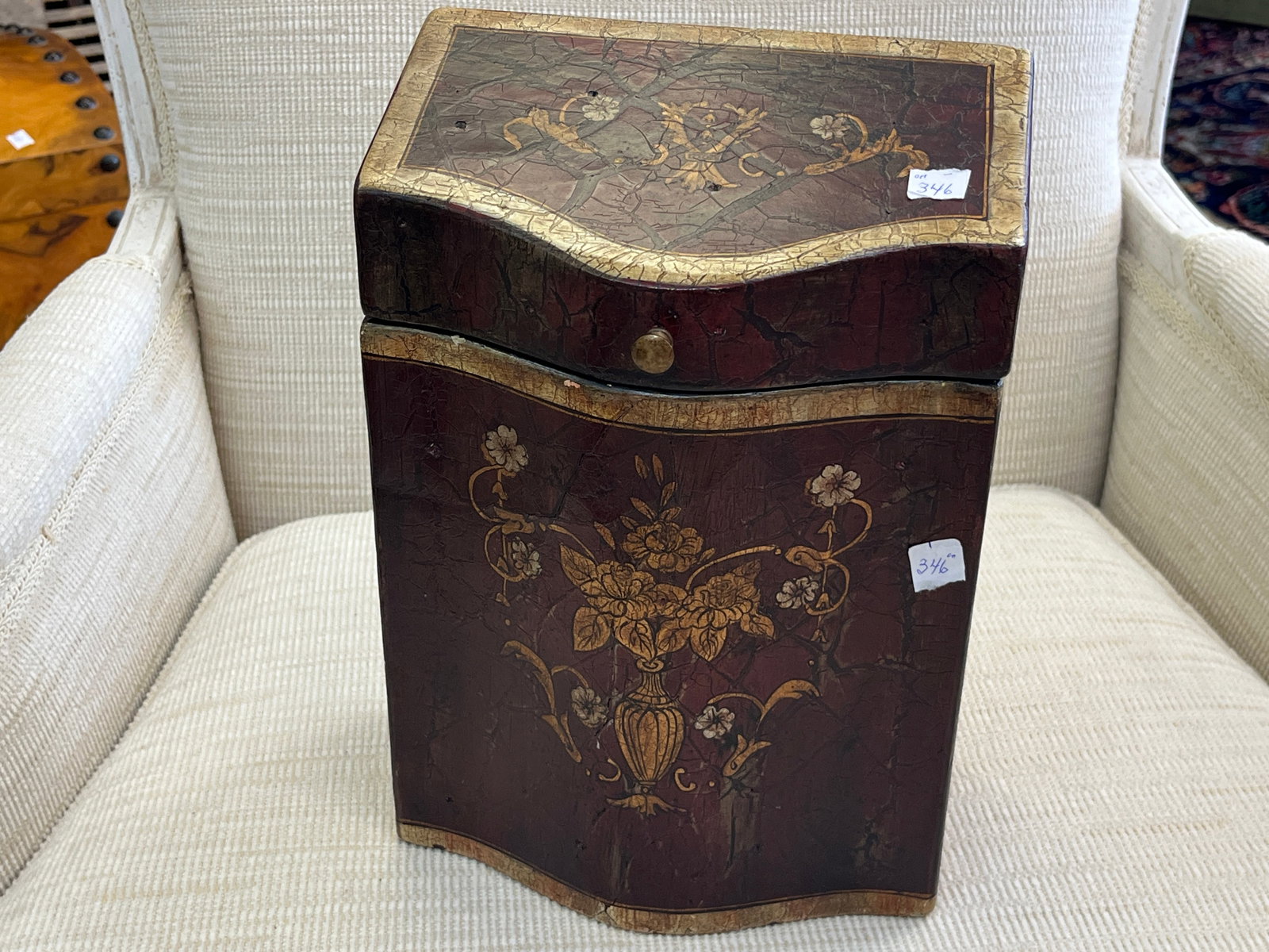 VTG Asian-Style Decorated Wood Wine Bottle Casket / Presentation Box ? 12" H: Vintage decorative wood wine bottle casket or presentation box, measuring approximately 12" H x 8.25" W x 5" D. Tall shaped case features a hinged lid, curved front profile, dark burgundy/brown crackl