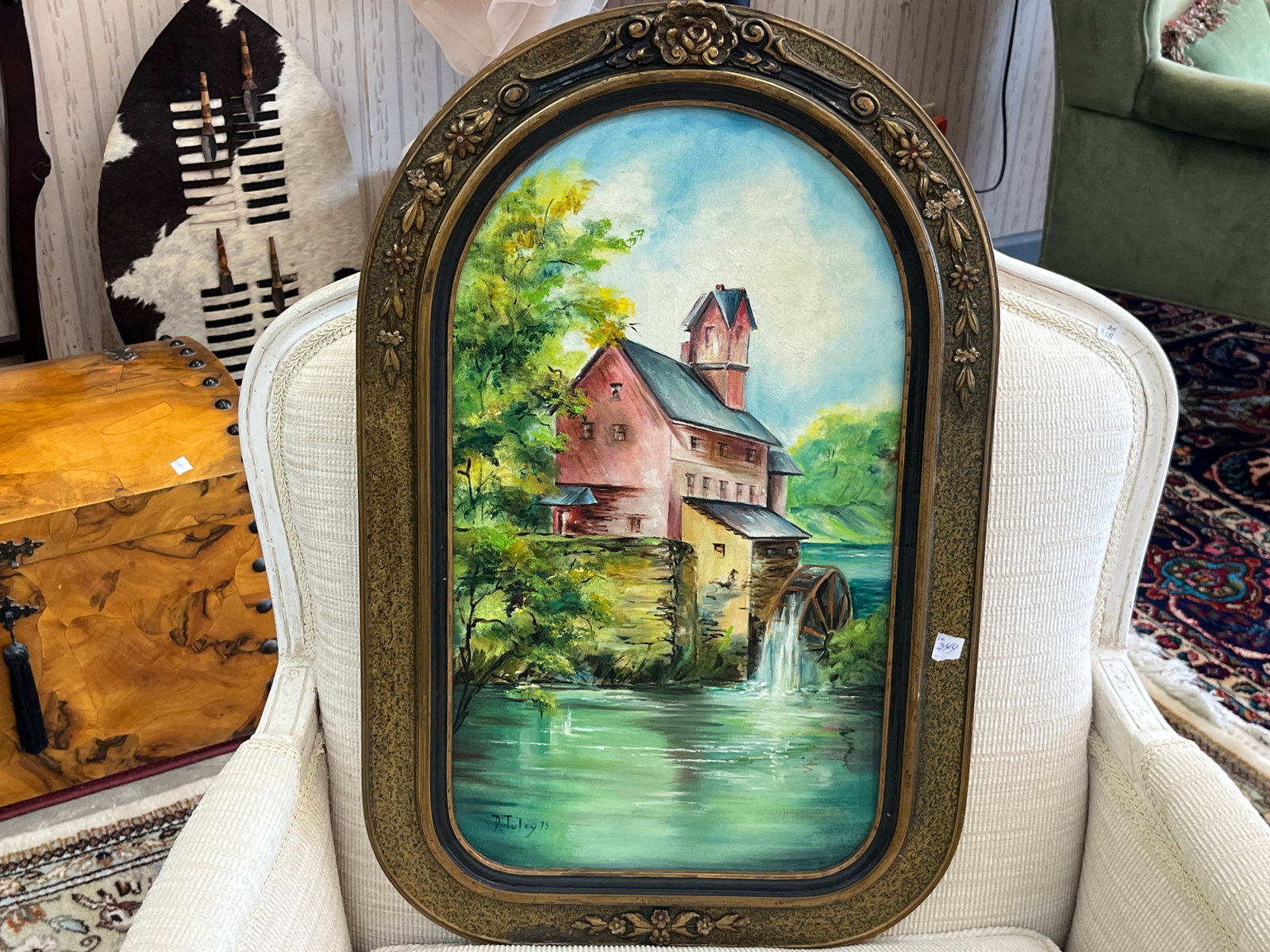 VTG 1975 D. Tuley Signed Oil on Panel Watermill Landscape, Gold Wood Frame ? 19" x 11": Vintage 1975 oil painting on panel, signed ?D. Tuley 75? at lower left. The painting depicts a picturesque rural watermill and mill house with water wheel, surrounded by lush trees and reflected in a 