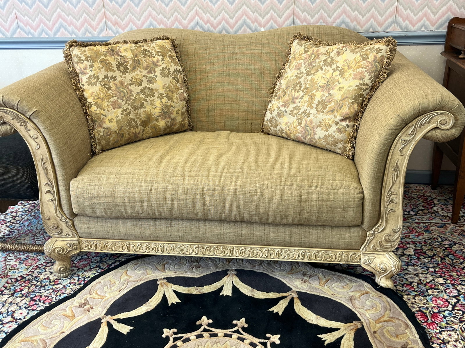 Schnadig Upholstered Sofa / Loveseat with Carved Wood Trim ? 70" W (1 of 4)