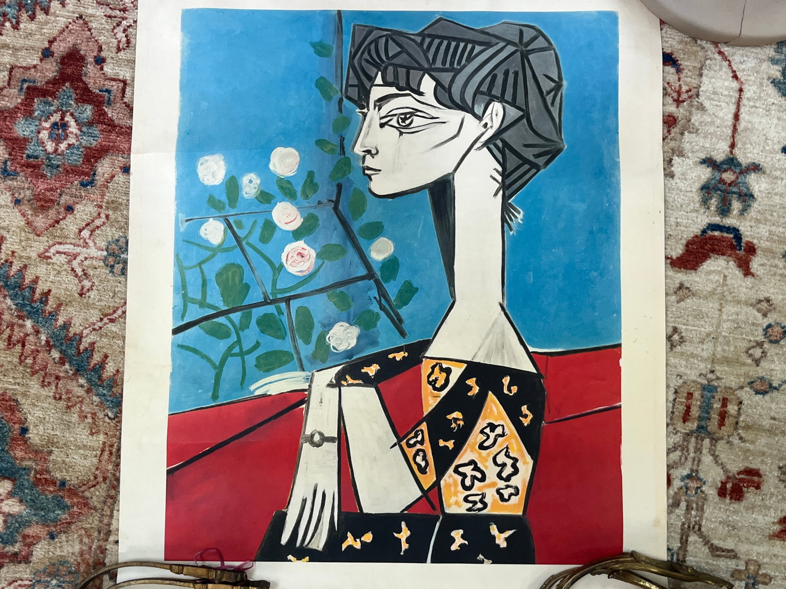 VTG Pablo Picasso “Portrait de Madame Z” French Art Poster – 26" x 21.75": Vintage French art poster/reproduction after Pablo Picasso, titled “Portrait de Madame Z.” The image depicts Picasso’s distinctive stylized female portrait seated against a vivid blue and re
