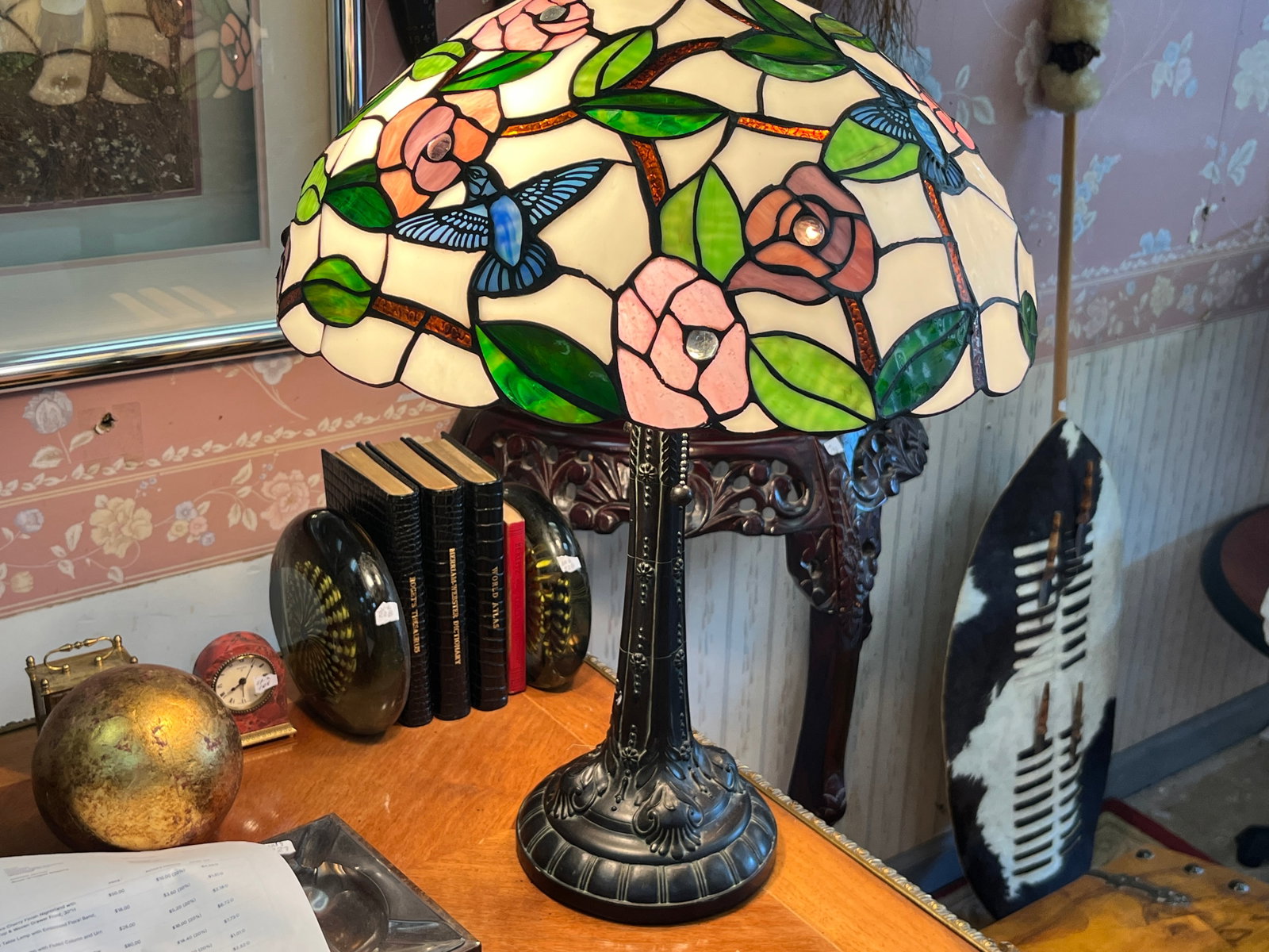 Mid-Century Tiffany Style Table Lamp, Plastic Shade, Twin Pull Chains (24" x 16") (1 of 4)