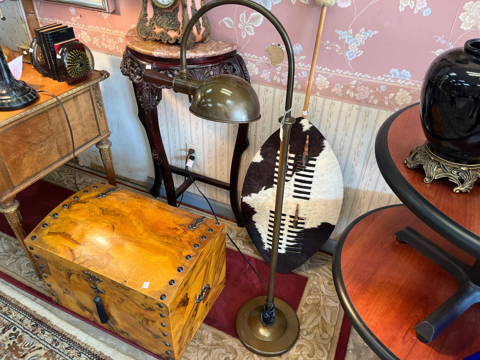 VTG Industrial Pharmacy Style Adjustable Brass Floor Lamp w/ Wood Handle ? 46" H: VTG adjustable floor lamp measuring approximately 46" H, featuring a warm aged brass-tone metal finish, round weighted base and distinctive tall arched support. Fitted with a large dome-shaped metal s