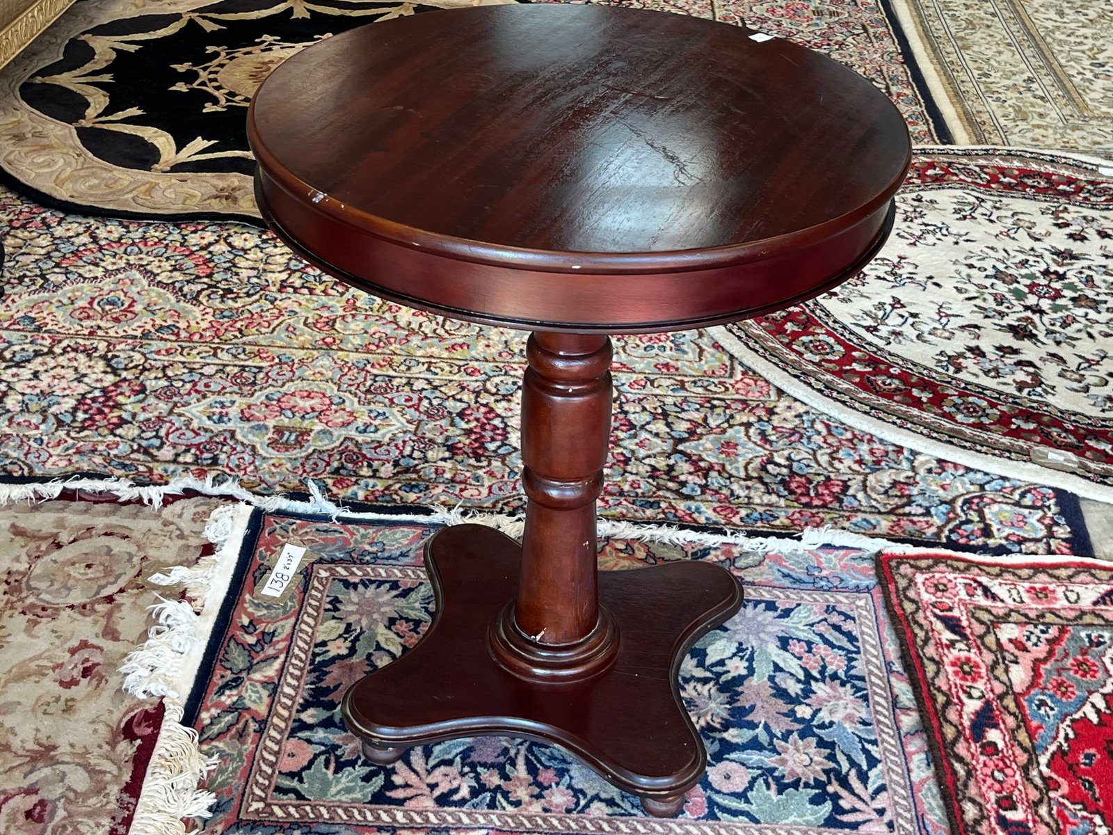 VTG Mahogany Round Pedestal Side Table ? 27.5" H x 23.5" Dia.: VTG mahogany round occasional or side table measuring approximately 27.5" H x 23.5" diameter. Features a round molded-edge top supported by a substantial turned center pedestal rising from a decorativ