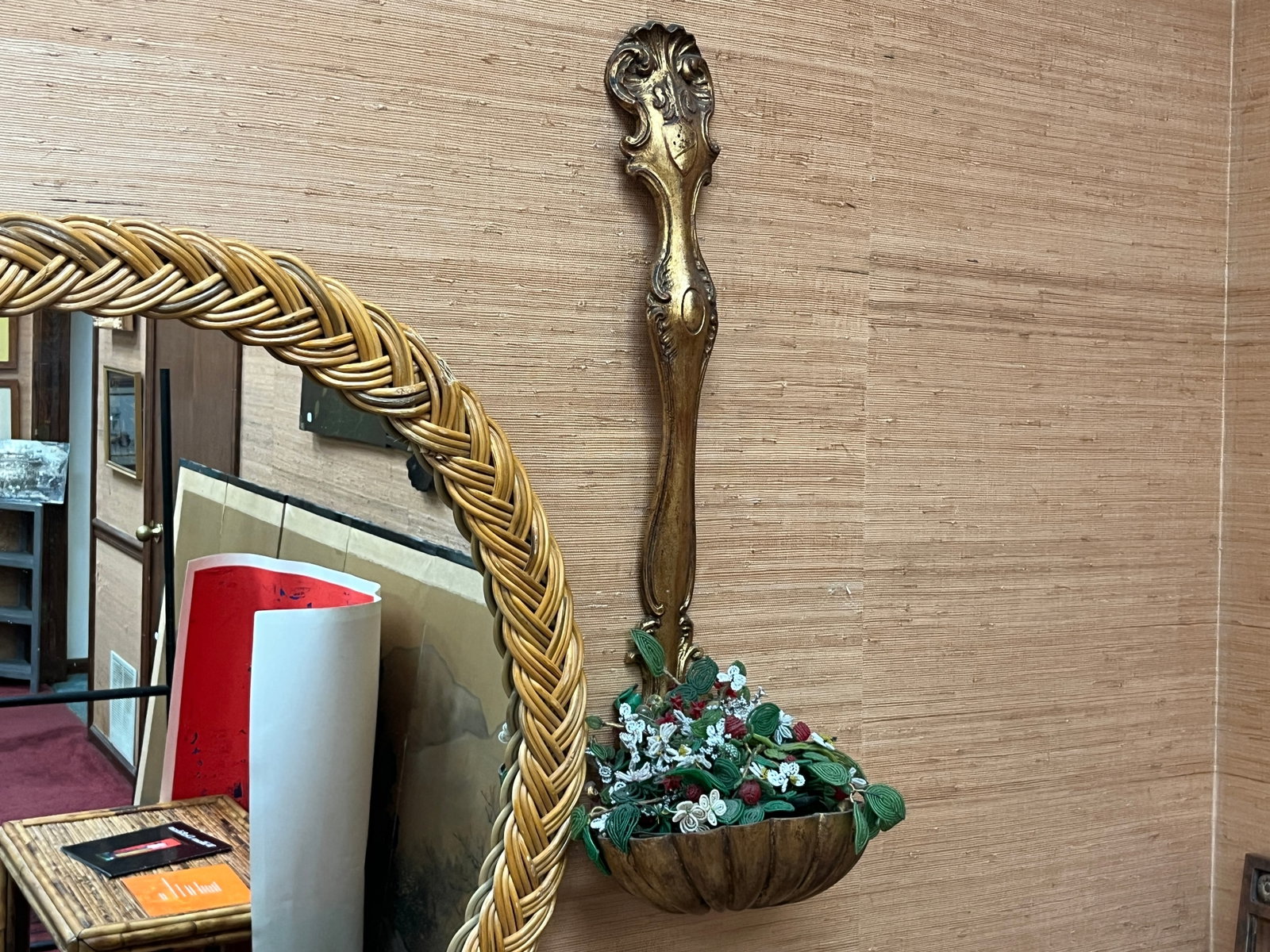 VTG Italian Style Gold Painted Metal Wall Pocket Planter – 28" H x 9" W: Decorative VTG gold-painted metal wall pocket featuring an elongated ornate Baroque/Rococo-style backplate with raised scroll and foliate decoration and a deep fluted planter or floral pocket. The age