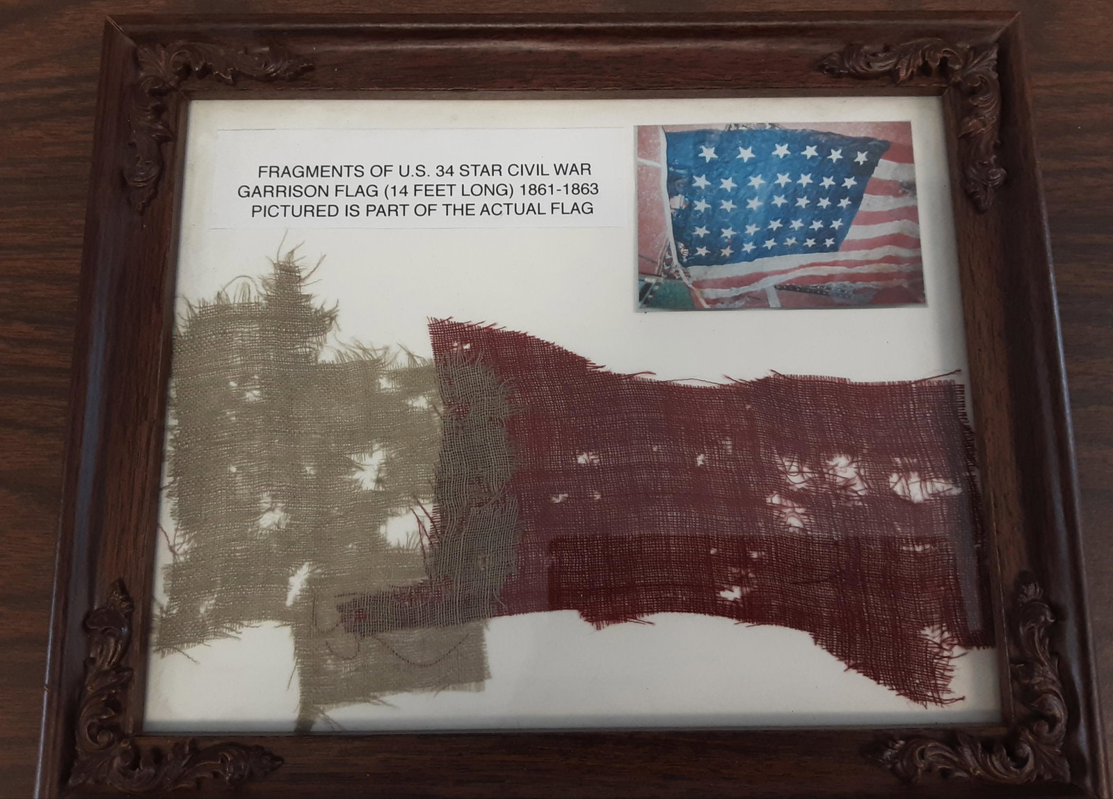 Rare, original relic Civil War flag fragment: Rare, original relic Civil War flag fragment. You are bidding on a piece of an original (34) star Union Civil War Garrison Flag. This is nice, framed and ready to place in your collection. A great dis