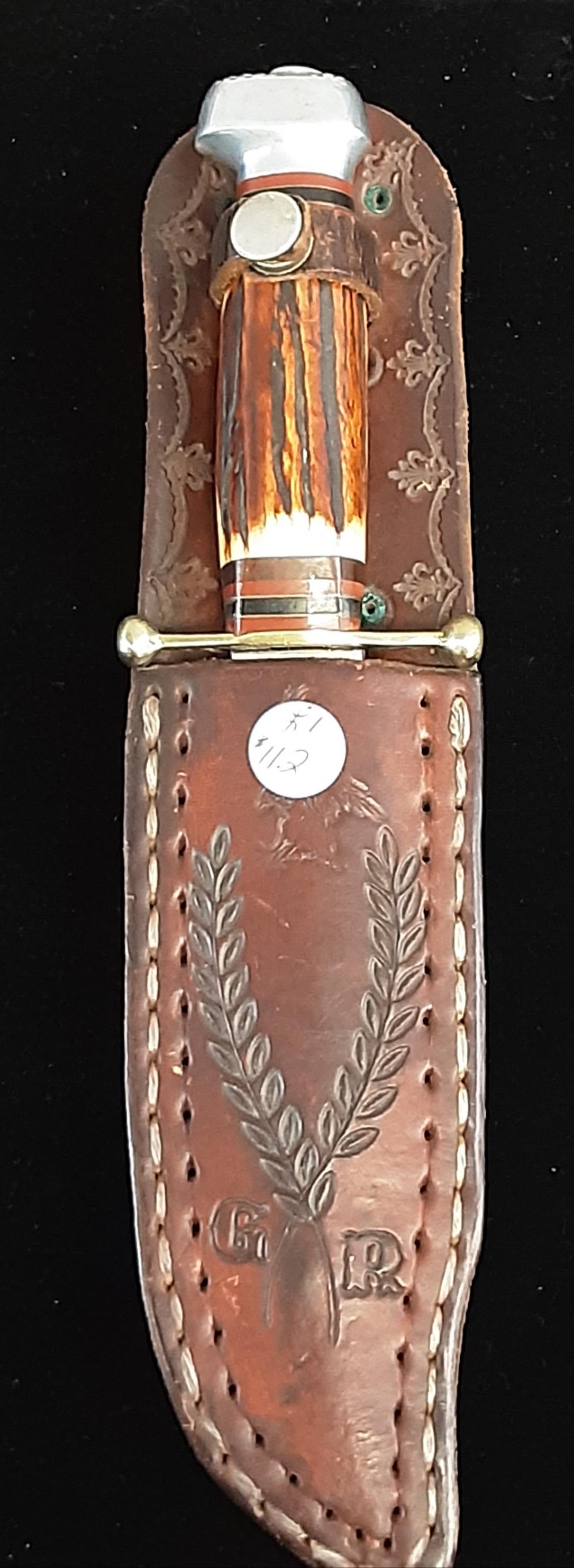 Rare, vintage German hunting knife: Rare, vintage German hunting knife. Marked “Linden messer.” Featuring a mint blade, genuine stag handle and the original leather scabbard. A great addition to your collection.