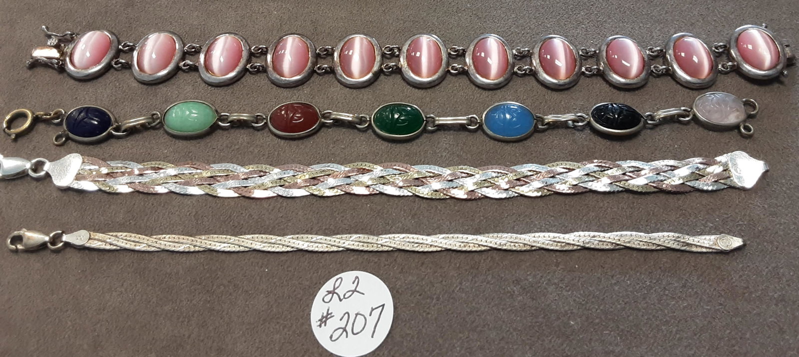 Four fantastic Sterling silver bracelets: Four fantastic Sterling silver bracelets , including a tri-color 18 K over silver bracelet, a fine scarab bracelet, etc. At bracelet lot and addition to your collection.