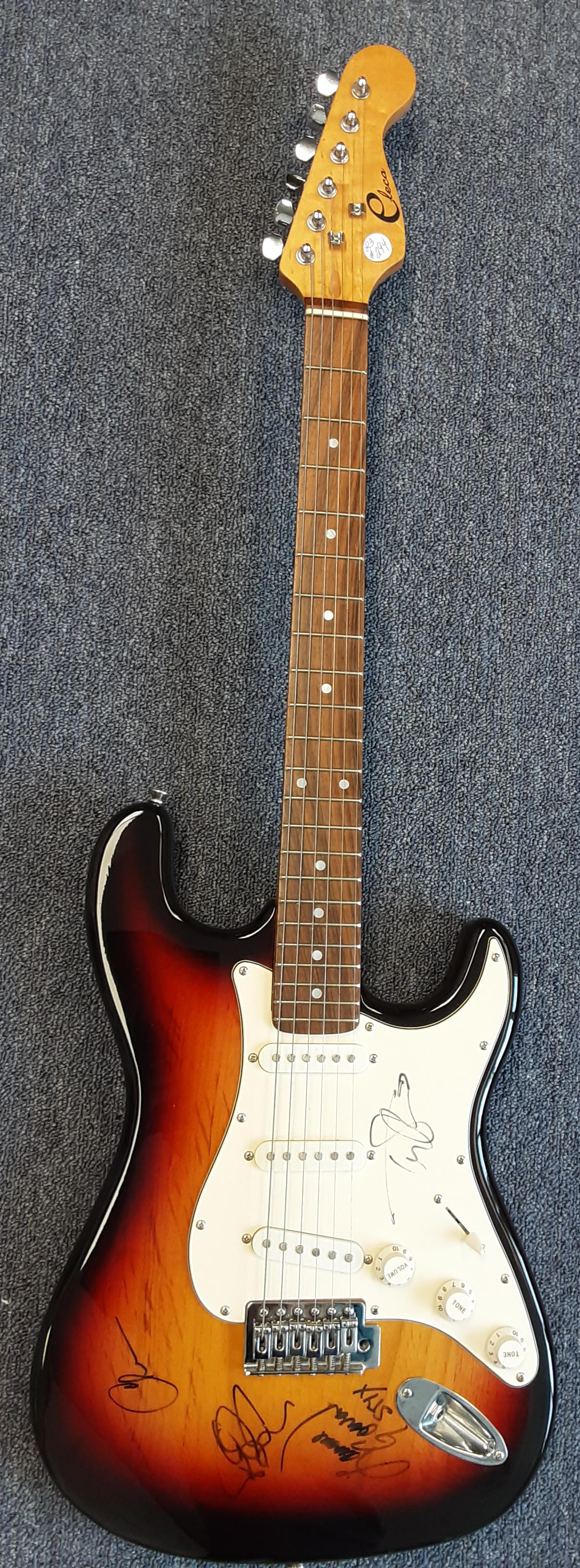 Autographed guitar by Eleco by Styx band: Fantastic hand signed autographed sunburst Stratocaster guitar by Eleco. Autographed by Styx band, including Tommy Shaw, Lawrence Gowan , James young and others. A beautiful and spectacular addition t